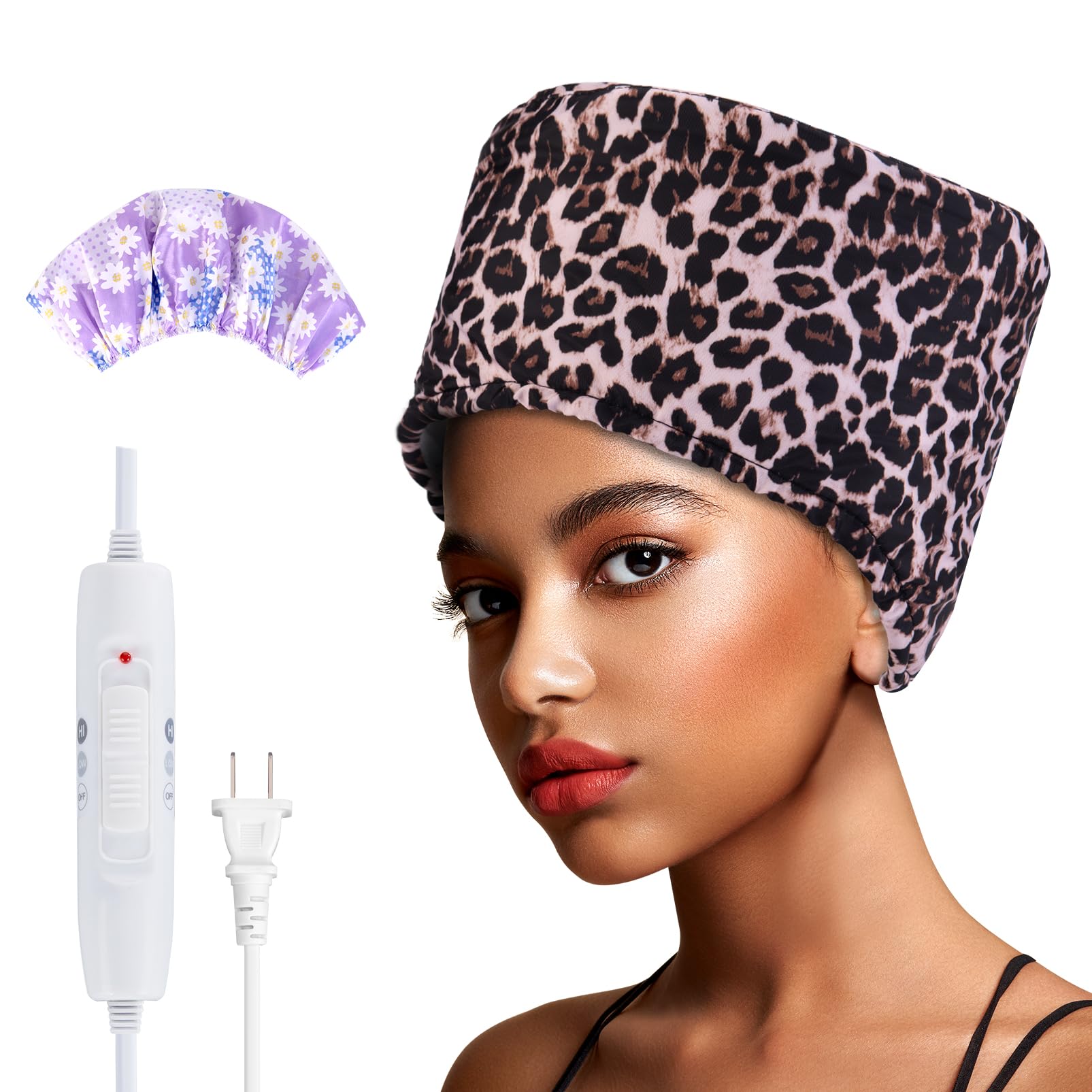 Aopow Hair Steamer Cap - High Performance Heating Thermal Steamer Cap for Deep Conditioning Natural Black Afro Hair, 2 Mode Temperature Control, Portable, Compact, Leopard