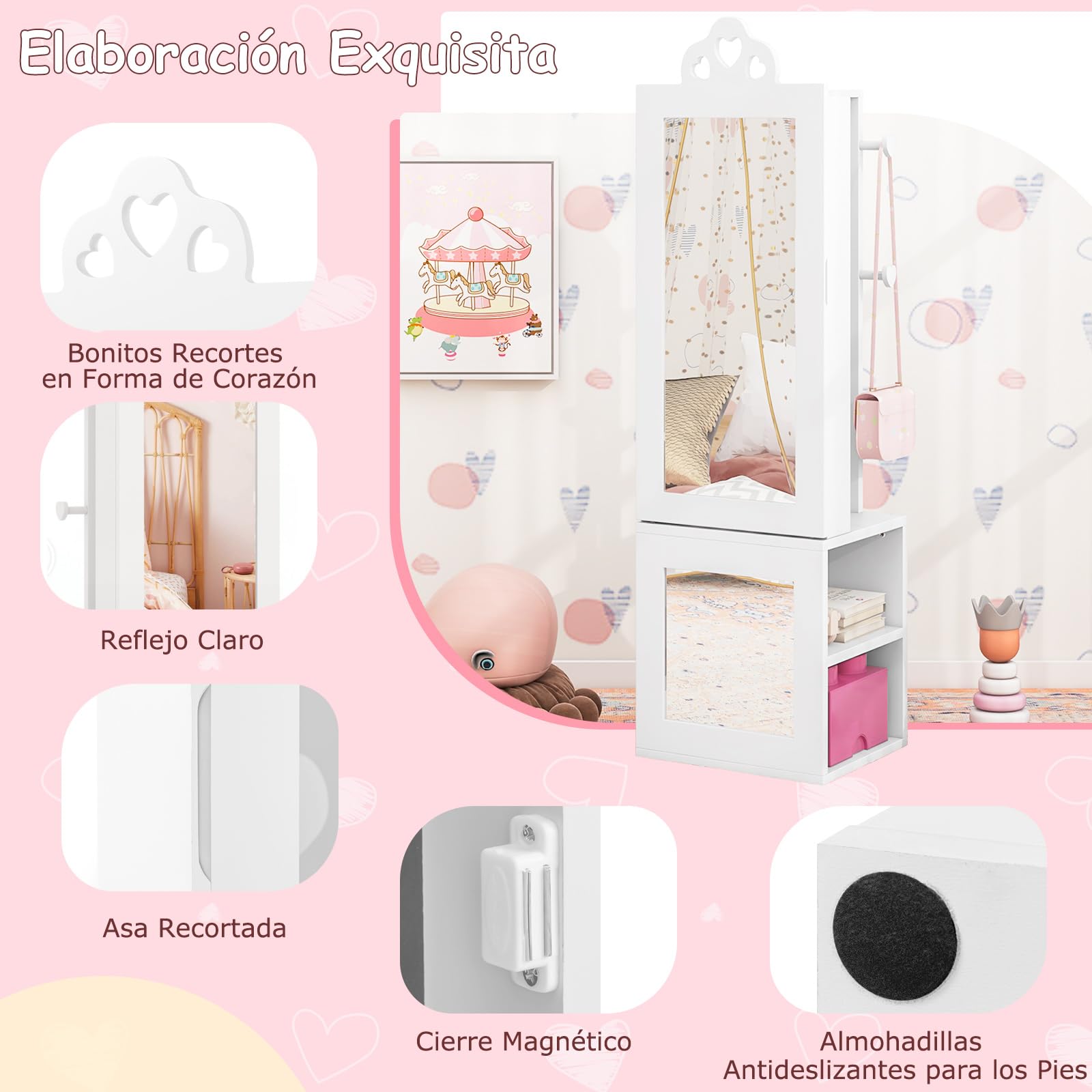 COSTWAY Armario de Joyería para Niñas 3 en 1 con Espejo y Perchero, Blanco