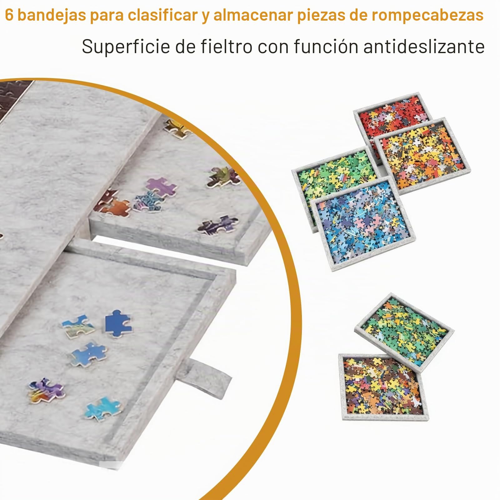 Tablero de Rompecabezas Plegable de 1000 Piezas, Tablero Rígido de Fieltro para Puzzle con Cubierta y Cajones de Clasificación, Portátil Mesa Puzzles, Gris Claro