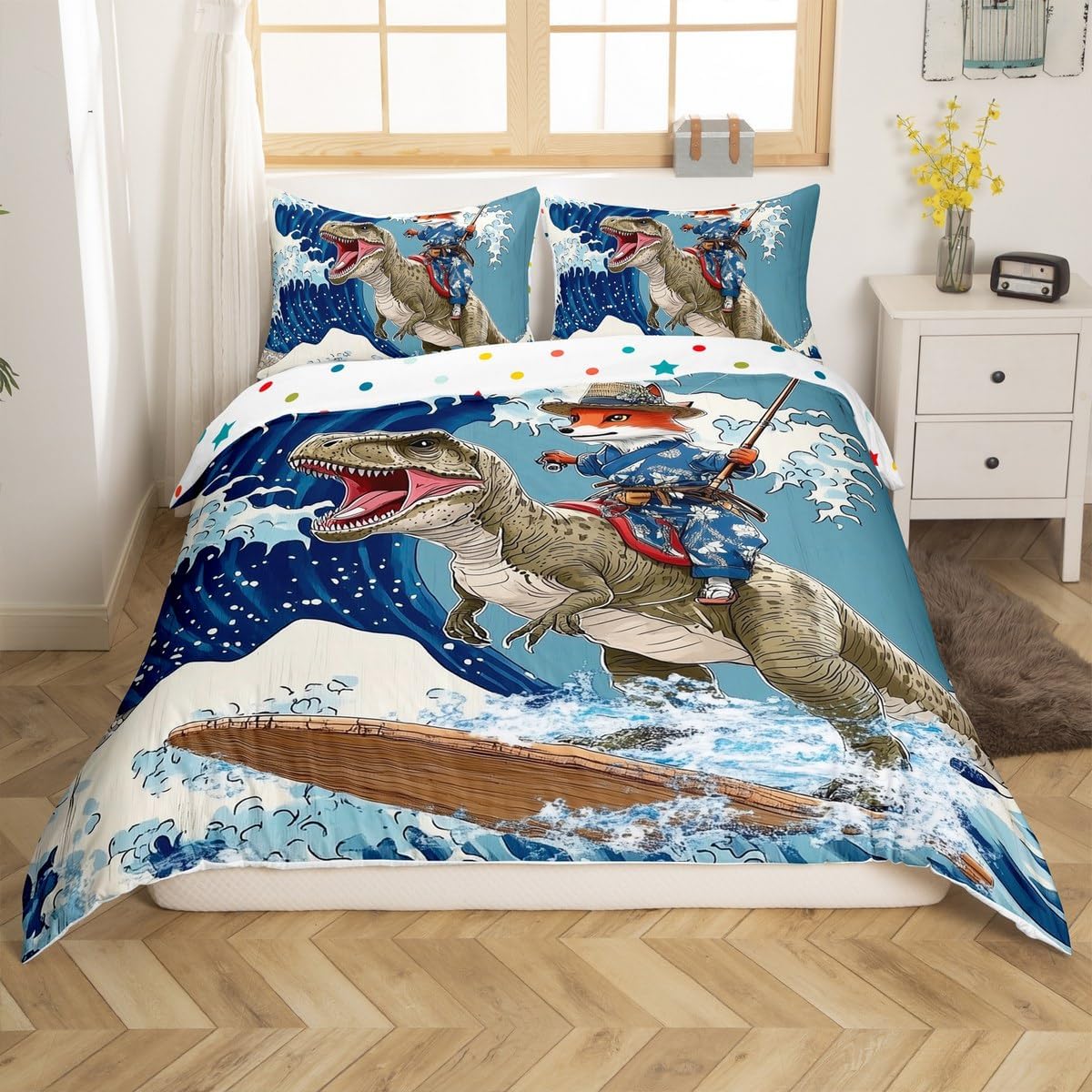 jejeloiu Funny Dog Bedding Set Cool Dinosaur Duvet Cover for Kids Boys Girls Japanese Ocean Wave Comforter Cover Wooden Print Bedspread Cover Room 2Pcs Toddler Size,Zipper,No Comforter