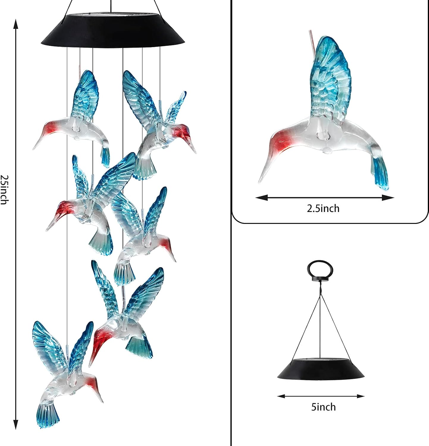 Hummingbird Solar Wind Chimes Color Changing Solared Lights Outdoor Waterproof LED Wind Chimes Solar Powered Lights for Home Party Yard Garden Christmas Decoration(Blue) - Image 4