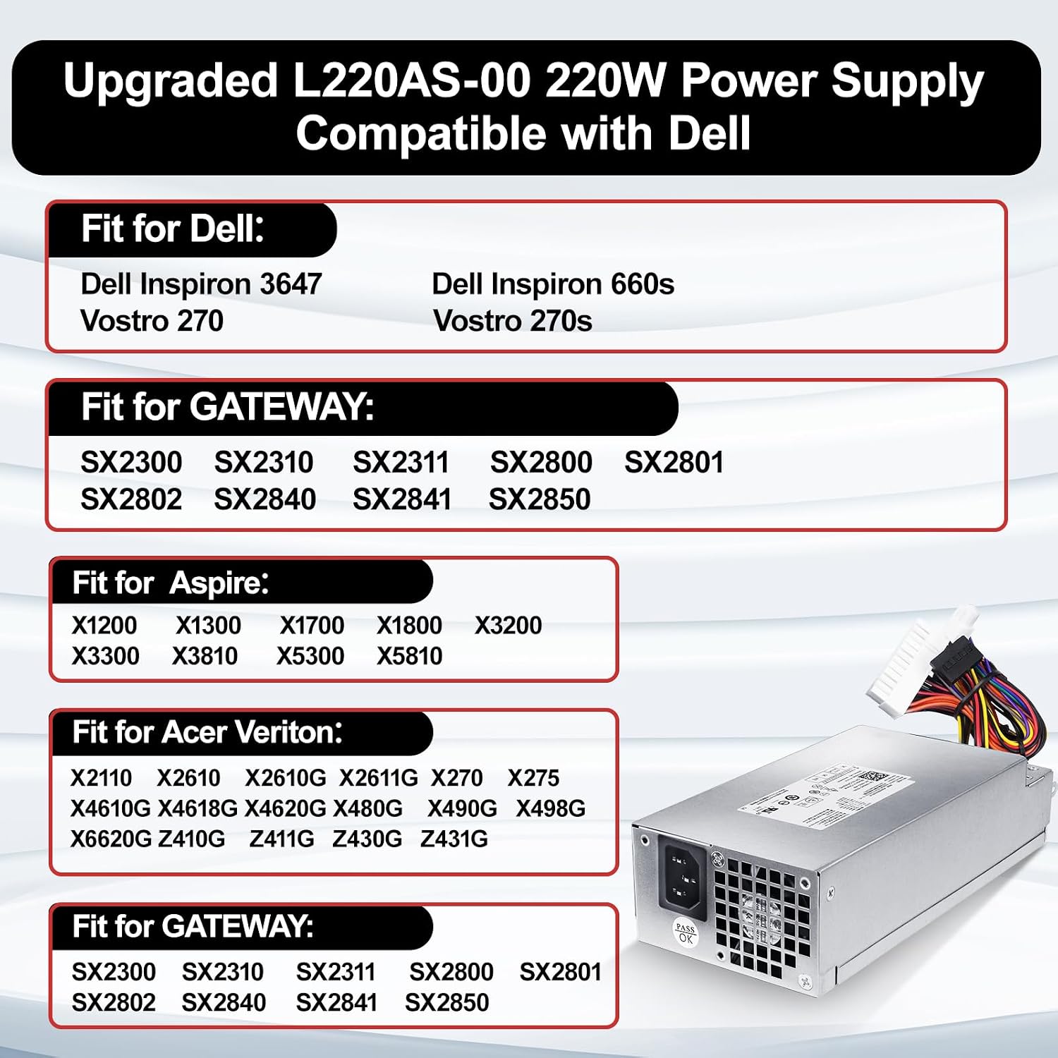 LXun Upgrad L220AS-00 D220ES-01 220W Power Supply Replacement for Dell Inspiron 3647 660s eMachines Gateway Series Acer X1420 X3400 Series Delta DPS-220UB A H220AS-00 R82HS R82H5 220W DELL PSU