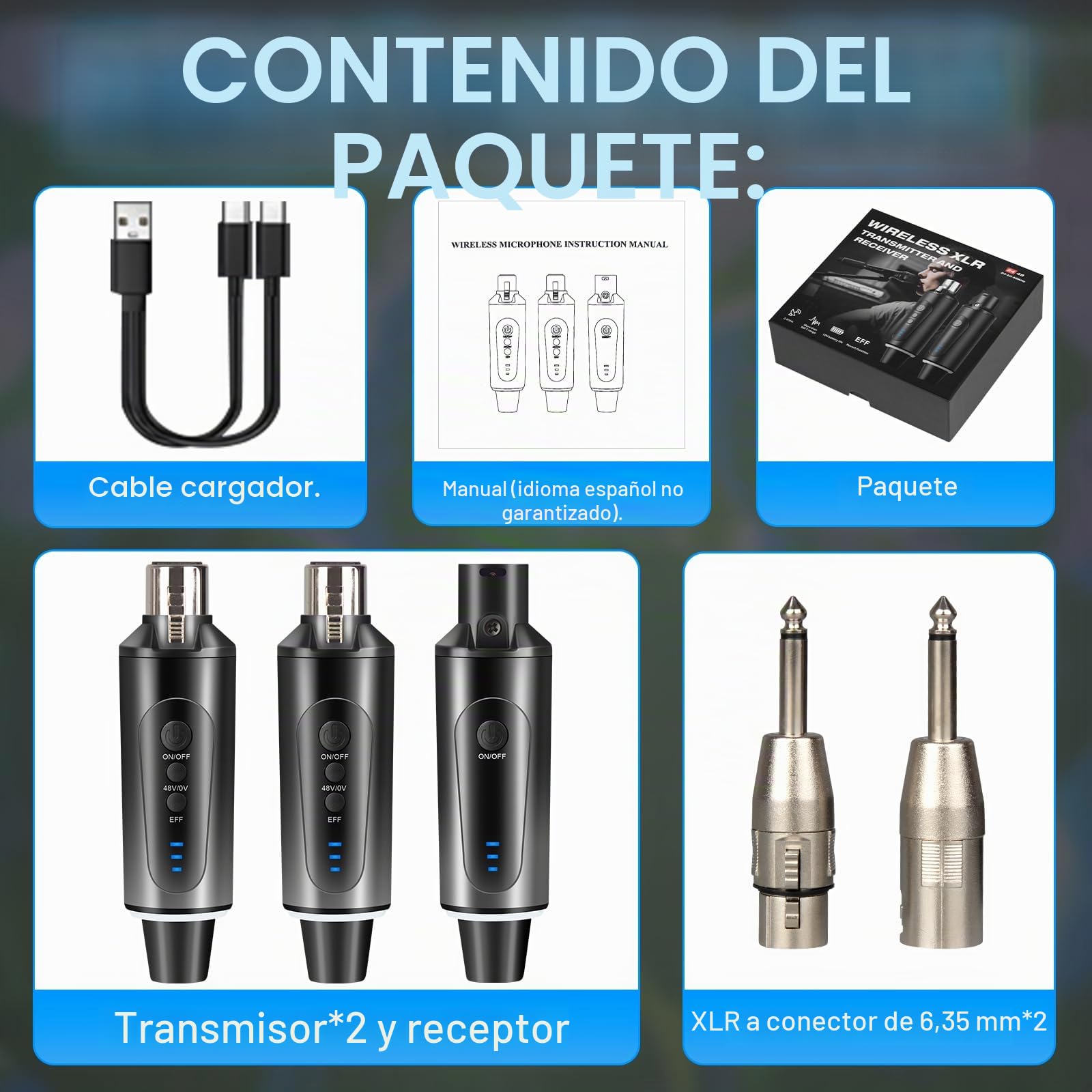 Depusheng S5 Transmisor y receptor de guitarra inalámbrico con 2 transmisores XLR inalámbricos y 1 receptor, alimentación fantasma de 48V e interruptor de reverberación, mezclador de audio
