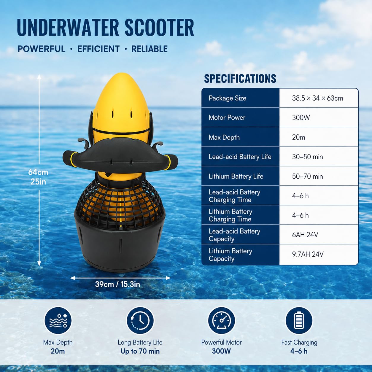 Vehículo Submarino de propulsión Buceo Sea Scooter, Seascooter De 500 W | Hélice de Buceo de 5,4 km/h, Scooter de Buceo Impermeable de Larga duración para Buceo, natación y fotografía submarina