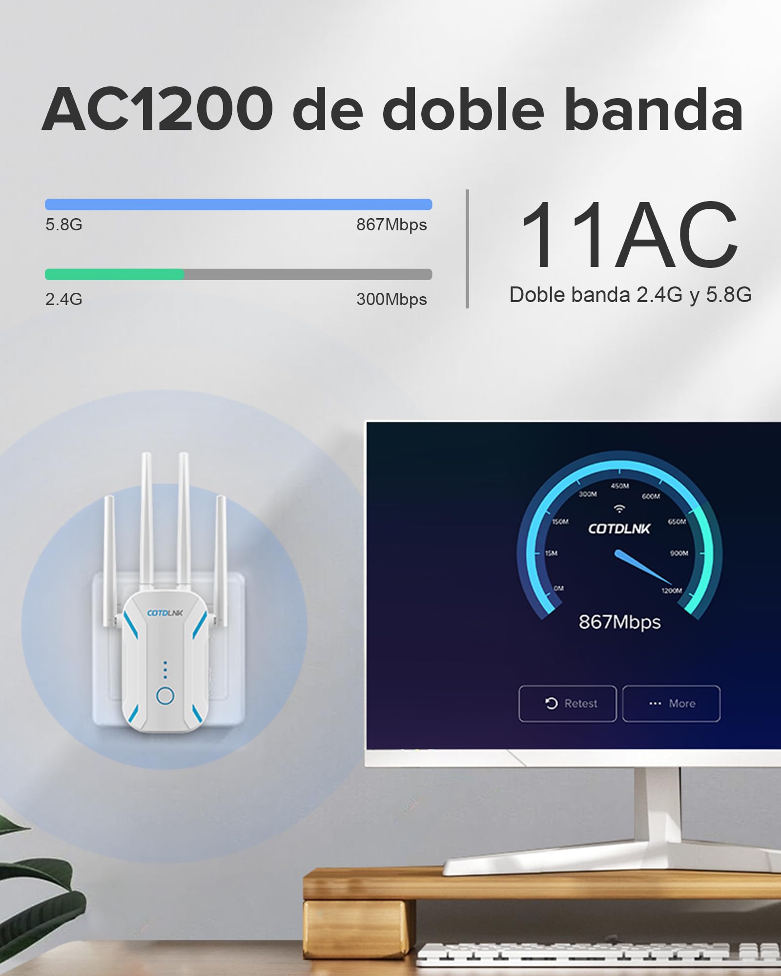 2026 Repetidor WiFi 1200Mbps, COTDLNK Amplificador Señal WiFi Extensor de Red WiFi con Incorporado PA Dual Band 5GHz y 2.4GHz Amplificador de señal de Internet, con Puerto Ethernet, Enchufe de la UE