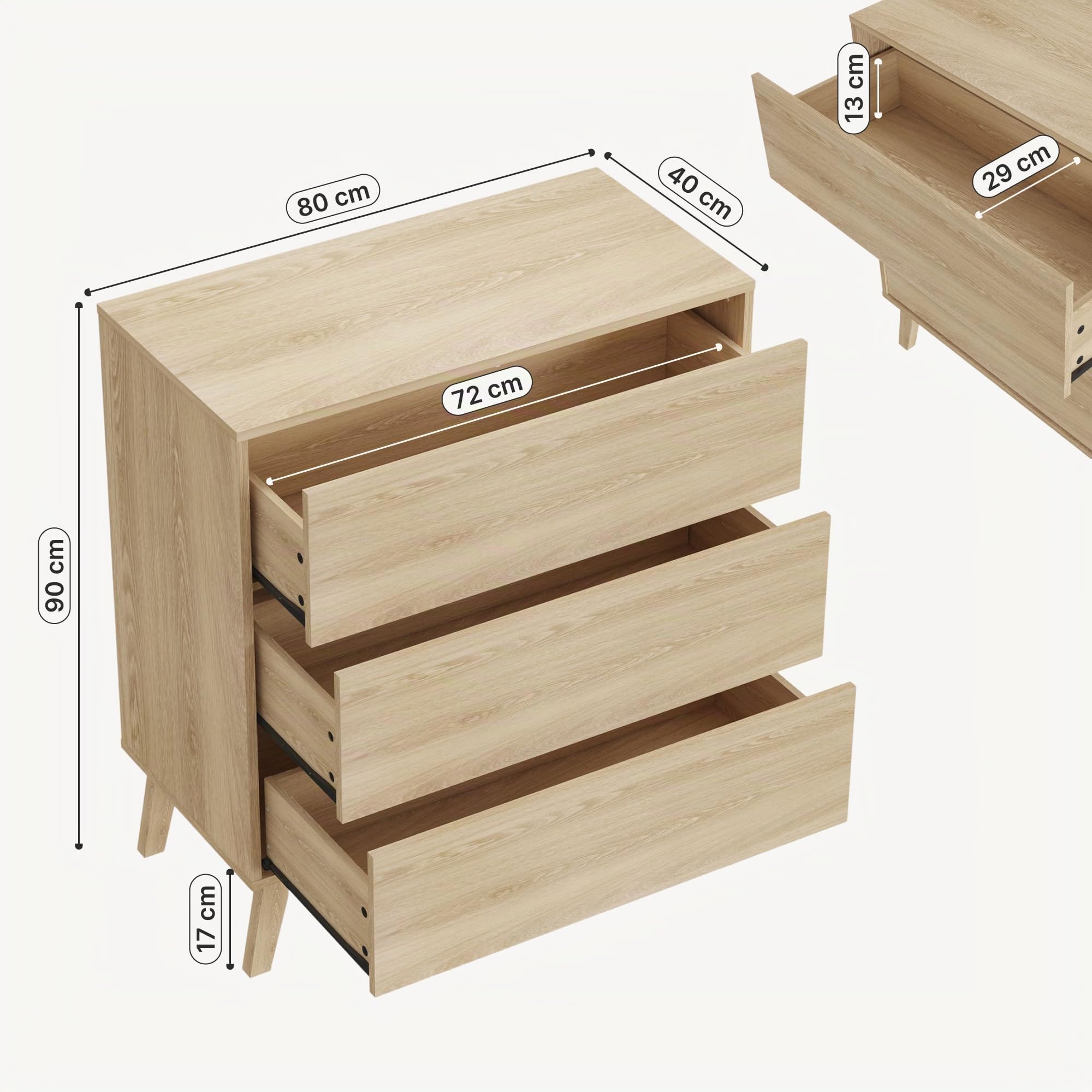 [en.casa] Kommode mit Schubladen Aastmabospoo Schubladenschrank Schlafzimmer Kommodenschrank groß Schrank Sideboard Beistellschrank 90 x 80 x 40 cm Eicheoptik hell