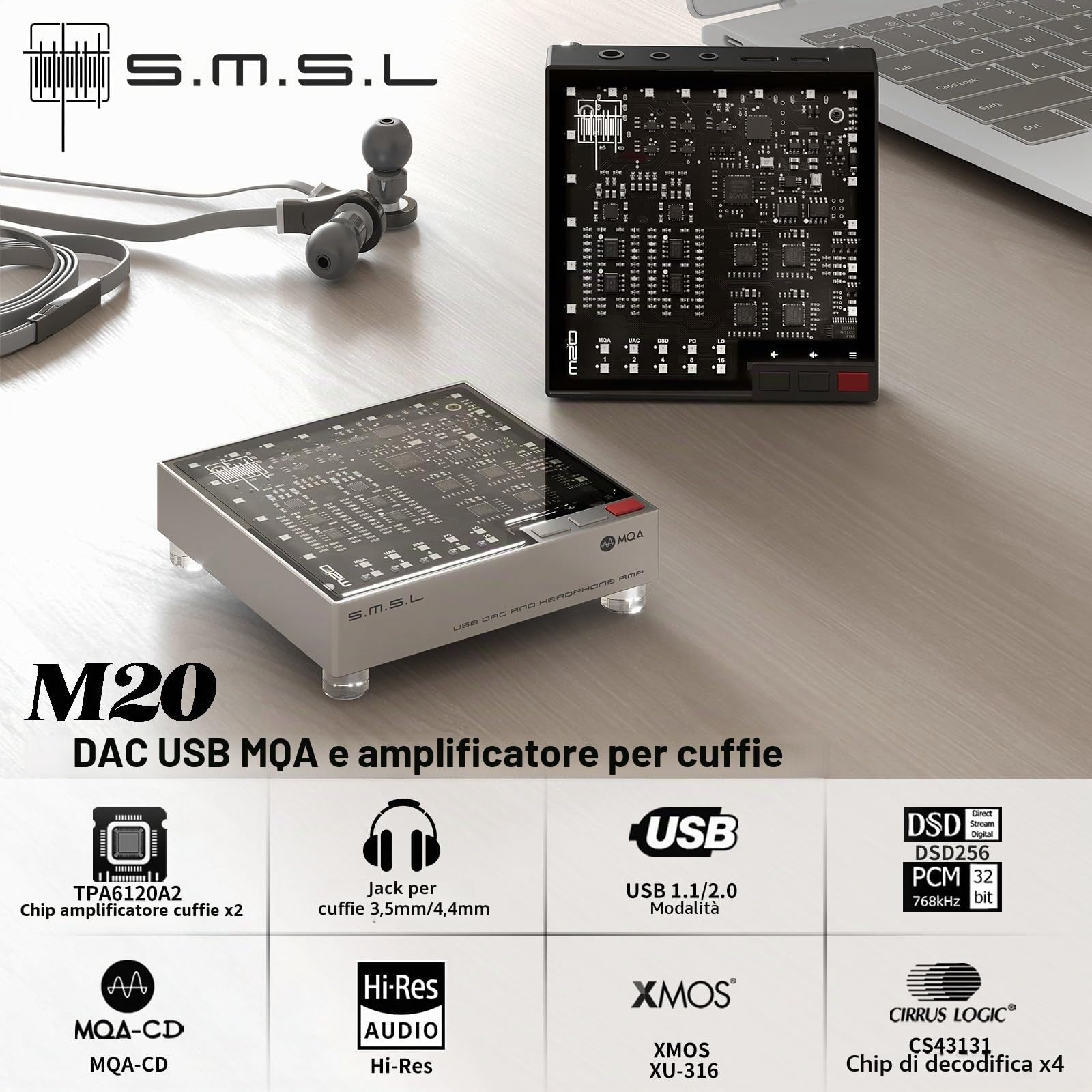 SMSL LIN.LIN.LIN M20 DAC MQA CD amplificatore per cuffie USB Gaming DAC | USB 2.0 USB1.1 4X CS43131Chip 3,5 mm/4,4 mm jack per cuffie per console di gioco/PC 5 filtri PCM XMOS XU-316 32bit/768kHz