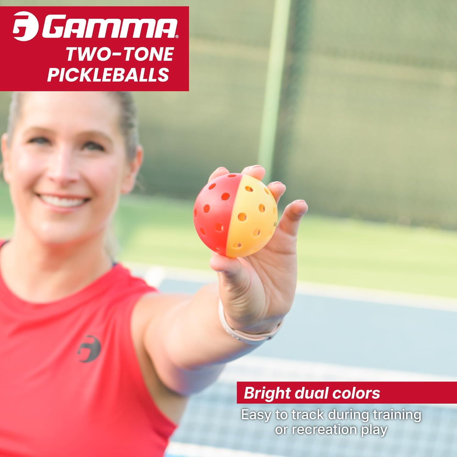 Gamma Two-Tone Outdoor Training Pickleballs, Red/Orange, Yellow/Red, Green/Purple, Practice, High Visibility, Consistent Bounce, Durable, Spin, Tournament Training, 3 Pack, 6 Pack,12 Pack