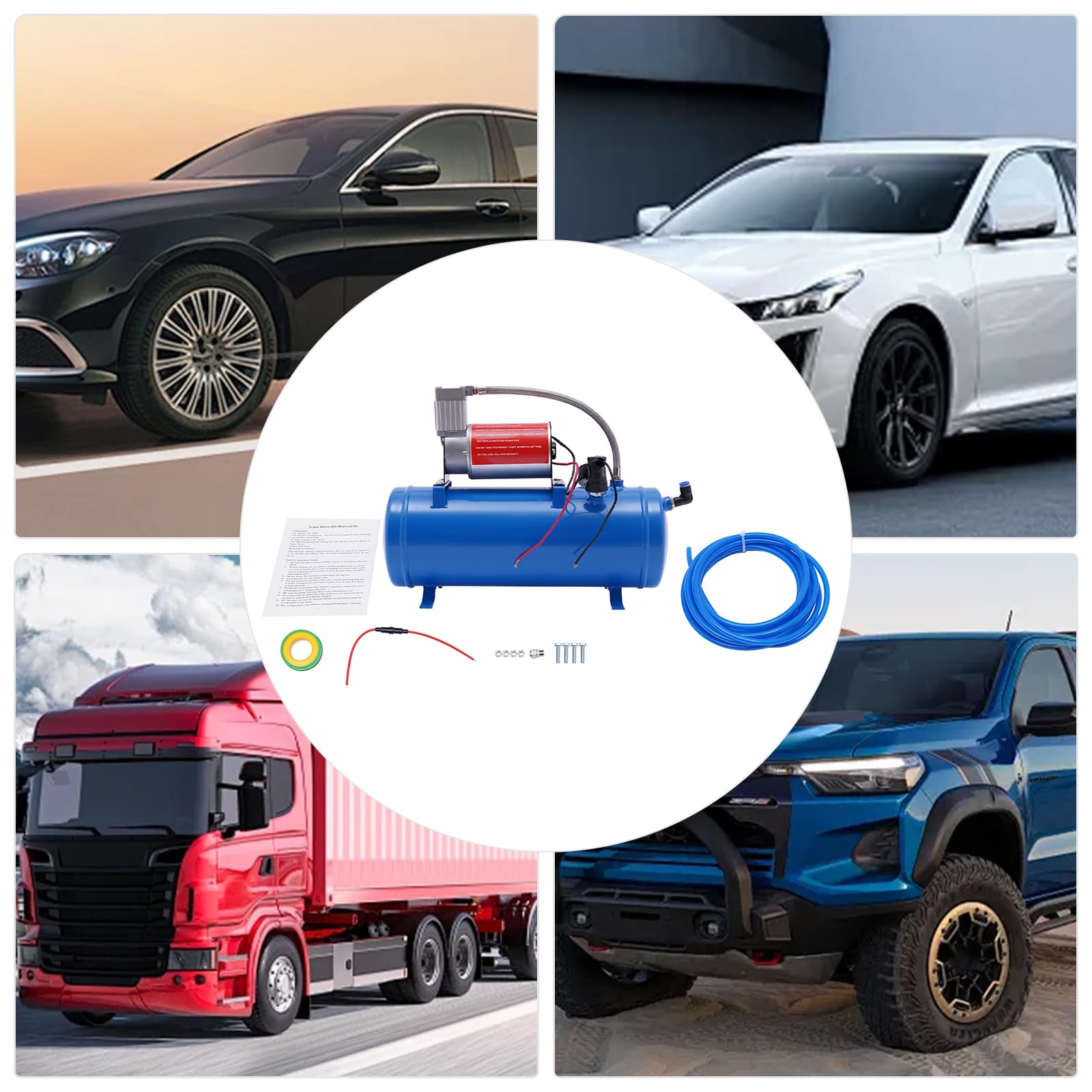 Compresor de aire para coche, 12 V, capacidad del depósito, 6 L, compresor portátil para emergencias, presión máxima de trabajo 150 psi, apagado automático, funcionamiento silencioso, manguera de 3,8