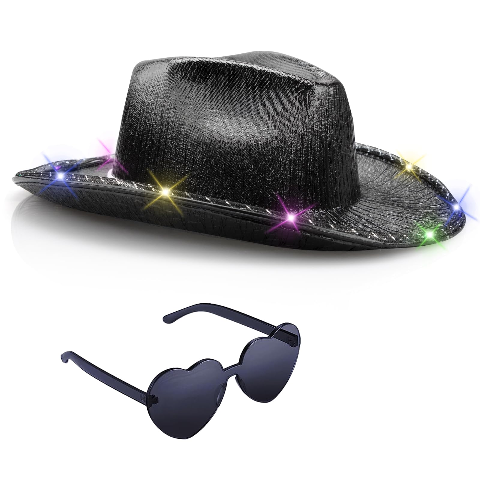 Tanganan Light Up Cowboy Hat for Women Men,Halloween Costume LED Cowgirl Hats Western Cow Girl Hat Sparkly Space Cowboy Hats for Party Halloween Costume Dress Up (Black-Colorful)