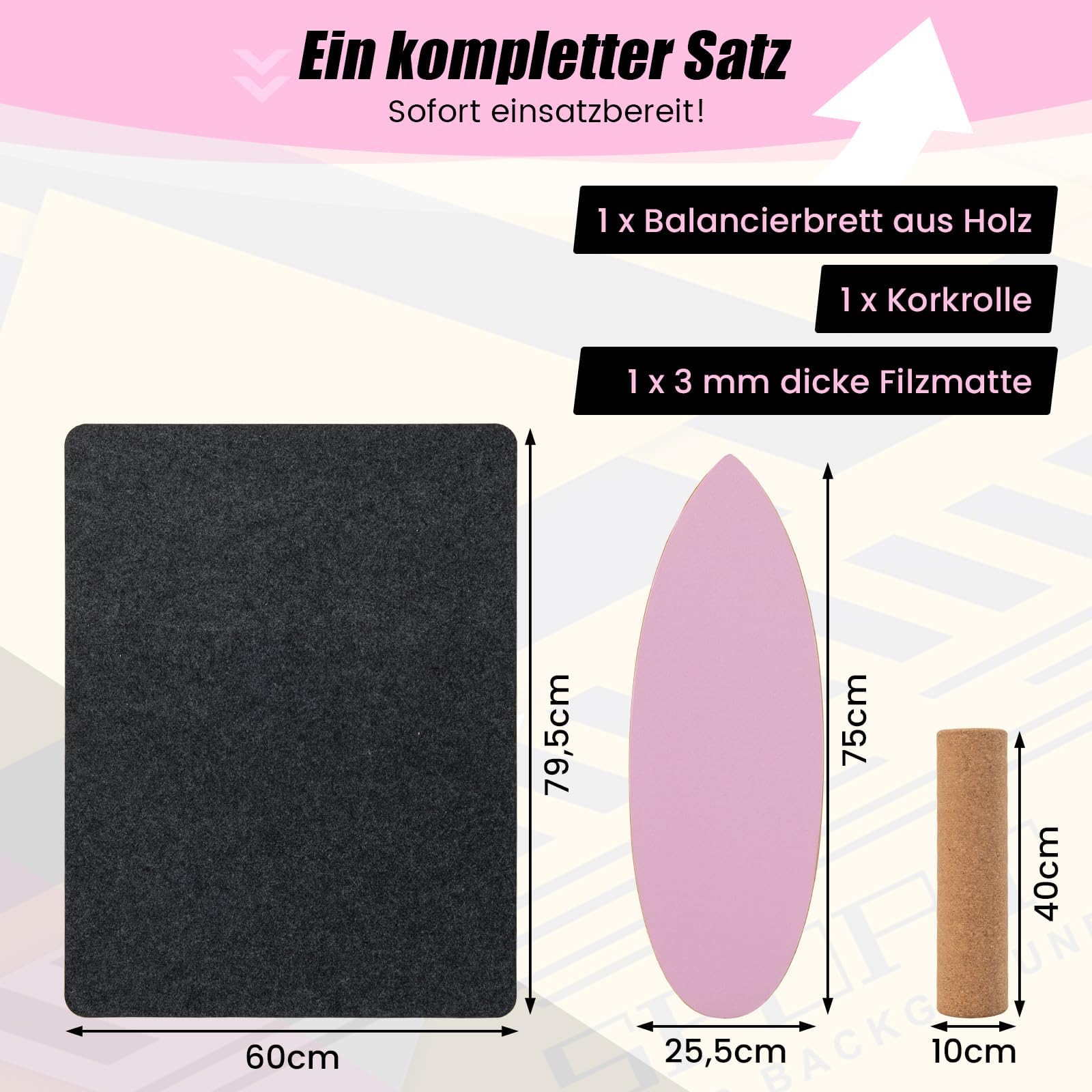 FANTASK Balancebrett aus Holz, Balance Board für zuhause mit Korkrolle, Balance Trainer Trickboard aus 8 hochwertigen Holzschichten gepresst, Rosa