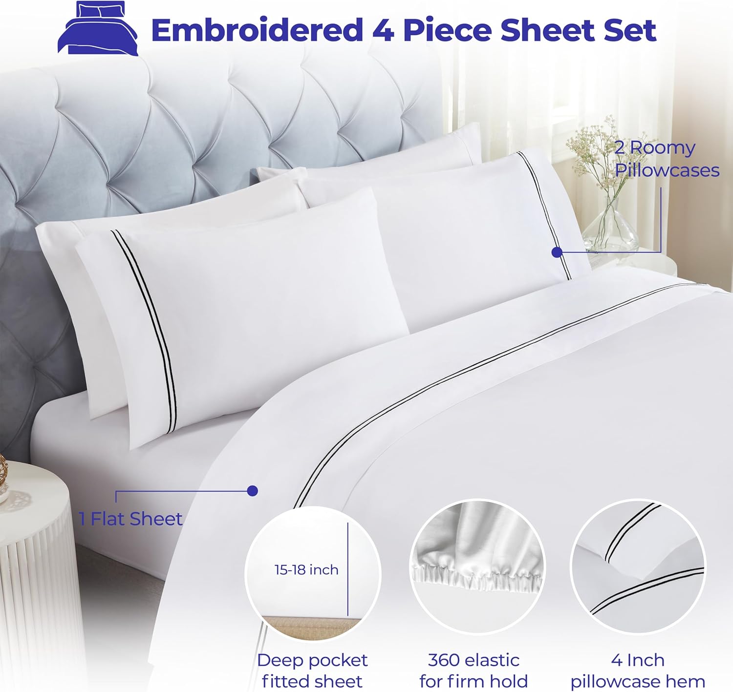 Superior Embroidered Cotton Bed Sheet Set, 1 Elastic Deep Pocket Fitted Sheet, 1 Flat Sheet, 2 Pillowcases, Daily Soft Sheets, Luxury, Two-Line Design, Fieldstone Collection, Queen Size, White/Black
