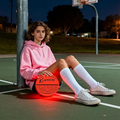 Miniatura 6 de Kuangmi Balón de baloncesto con luz LED, brilla en la oscuridad para juego nocturno y canasta de entrenamiento, tamaño oficial 7 (29.5 pulgadas),