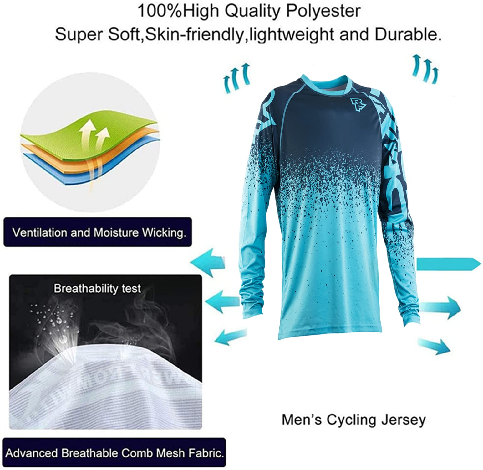 Hombre Mountain Bike Motocross Jersey, Camiseta de Manga Larga Traje de Descenso al Aire Libre a Prueba de Viento Transpirable y Que Absorbe El Sudor Secado Rápido MTB Maillots