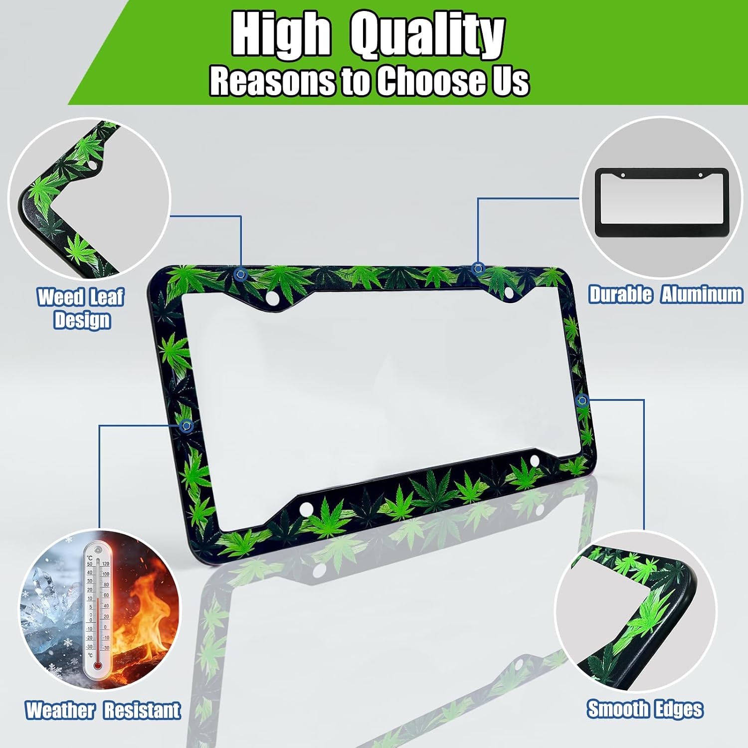 Weed License Plate Frames 2 Pack - Premium Aluminum Weed Leaf Design, 420 Gifts for Enthusiasts, Rust-Proof Car Tag Frames for Standard US 12.2"x 6.3" image 3