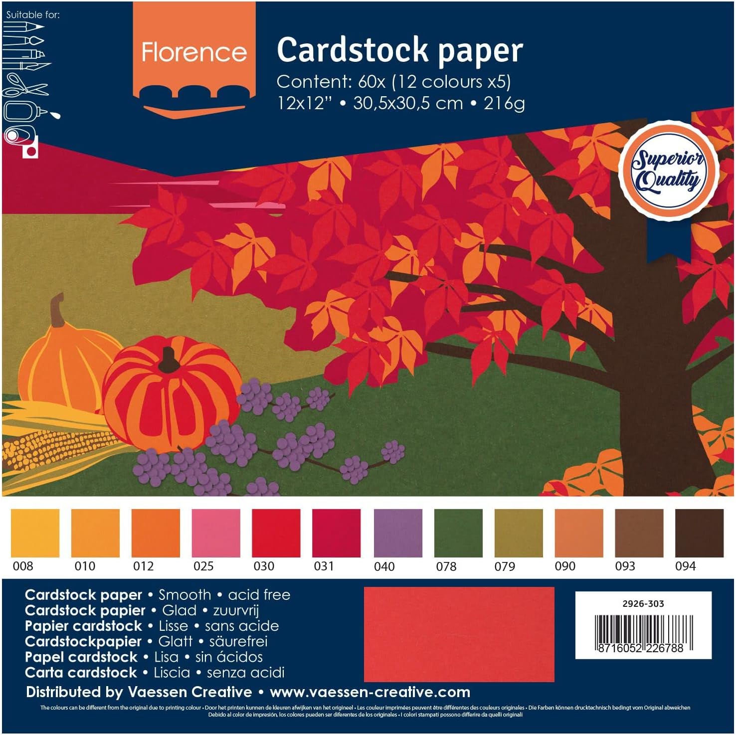 Florence Cardstock Smooth Multicoloured - Coloured Card Making Supplies 12 x 12 inch - Autumn - 12 x 5 Sheets - Coloured Paper for Scrapbooking, Card Making and Other Paper Crafts - 216 GSM