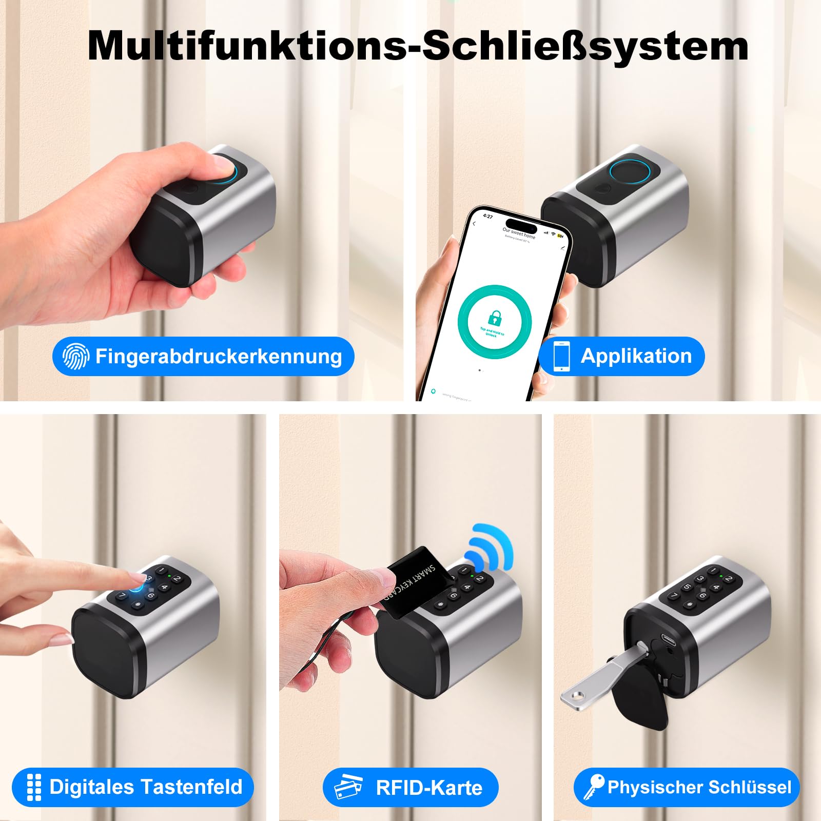 Türschloss Fingerabdruck, Fingerabdruck Schloss, Verstellbare Länge elektronisches türschloss, Smart Lock mit RFID-Karte, App, WLAN, Bluetooth-Entriegelung,Verlängerungszubehör,60–90 mm,Silber