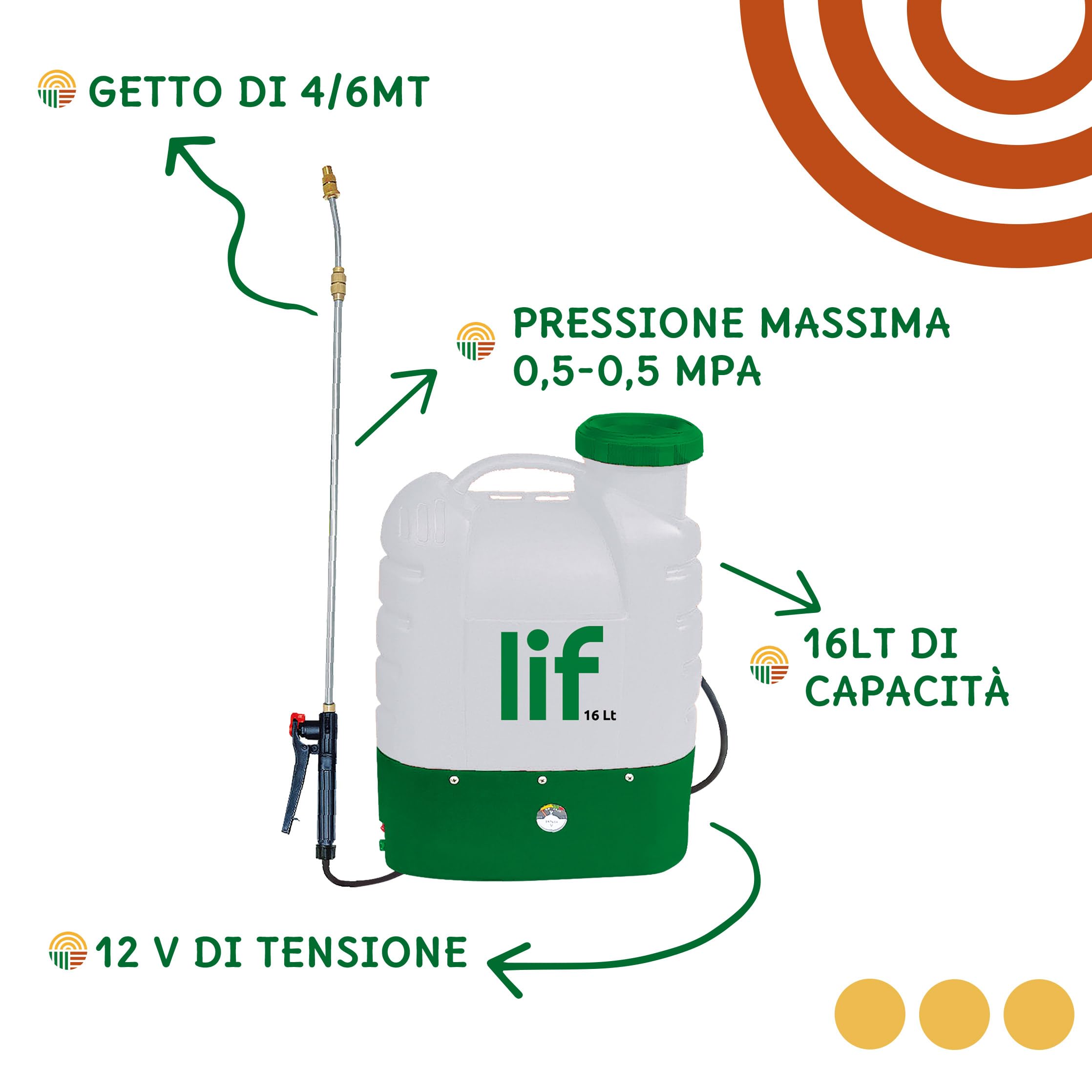 Pompa Irroratrice a Batteria Maya - Alta Capacità da 16 Litri e 12V, Lancia e Braccio Richiudibili, Ergonomica e Basso Consumo, Dimensioni Compatte con Caricabatteria Incluso