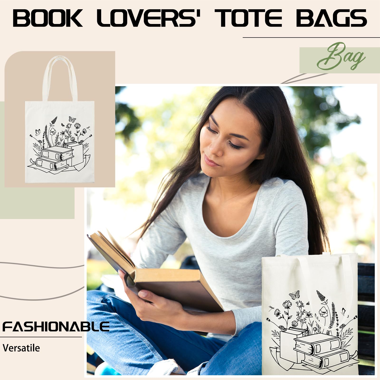 Sweetude Lot de 12 sacs fourre-tout en toile pour livres, cadeaux esthétiques, amateurs de livres, bibliothécaires, lecteurs, Principalement blanc, Large