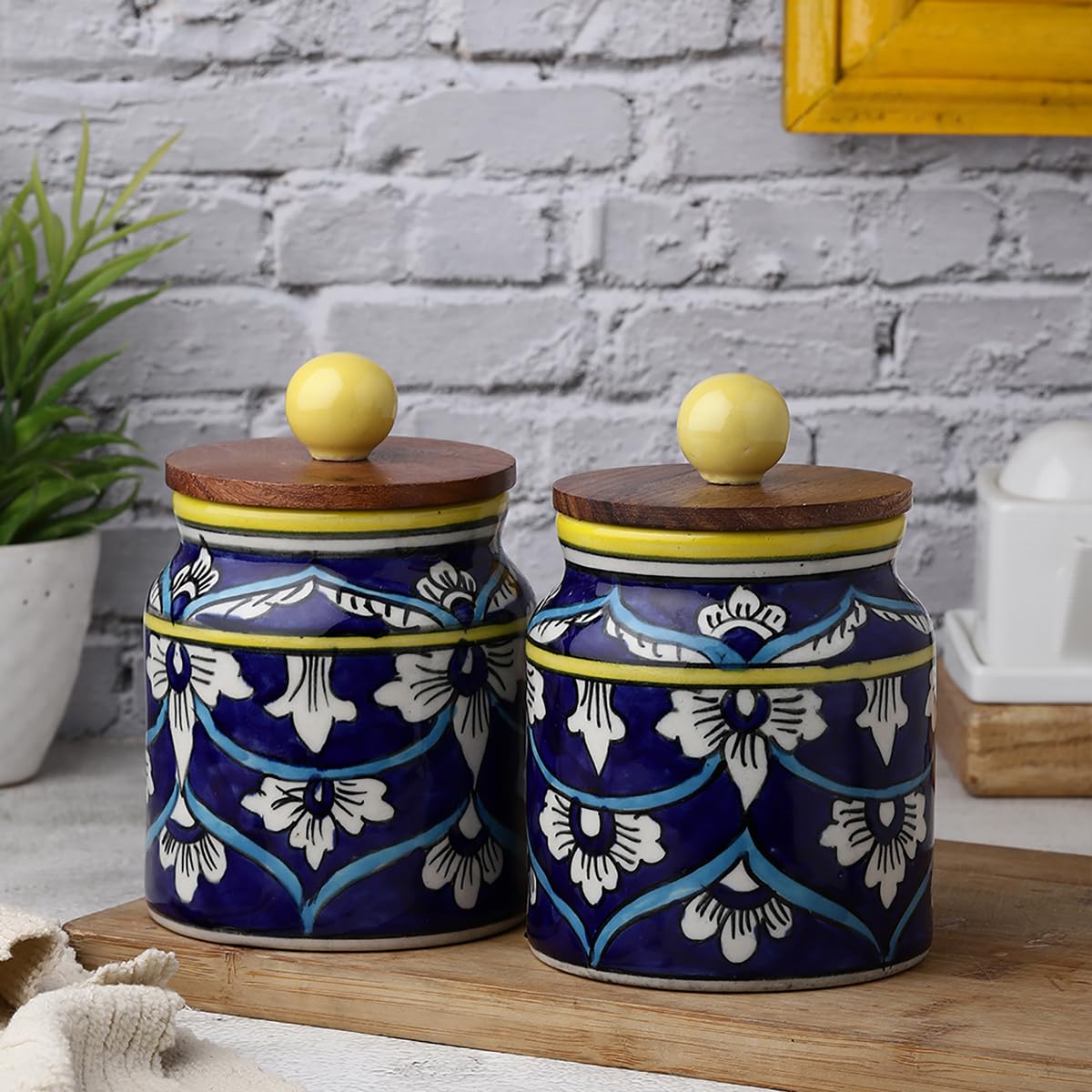 VarEesha Hand-made Hand Painted Blue Floral Ceramic Jars with Wooden Lids| Airtight Kitchen Containers for Pickles, Cookies, Chutney, Sugar, Dry Fruits| Leak Proof Ceramic Barni|500 ML (Set of 2)