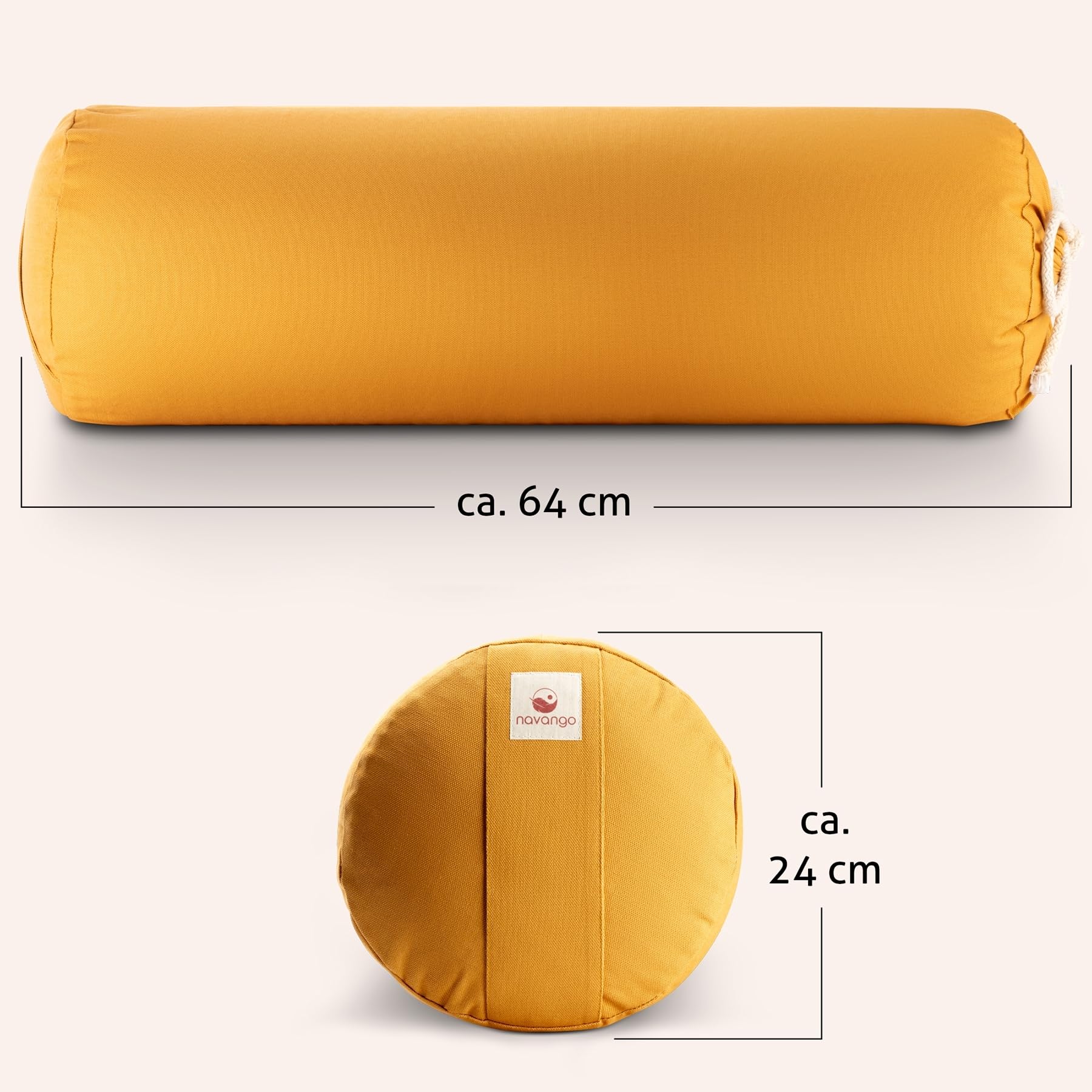 Yoga Bolster – Handmade in Germany, 24cm x 64cm | Yoga Rolle mit praktischem Tragegriff, 100% Dinkelspelz Füllung, Waschbarer Bezug 100% Baumwolle