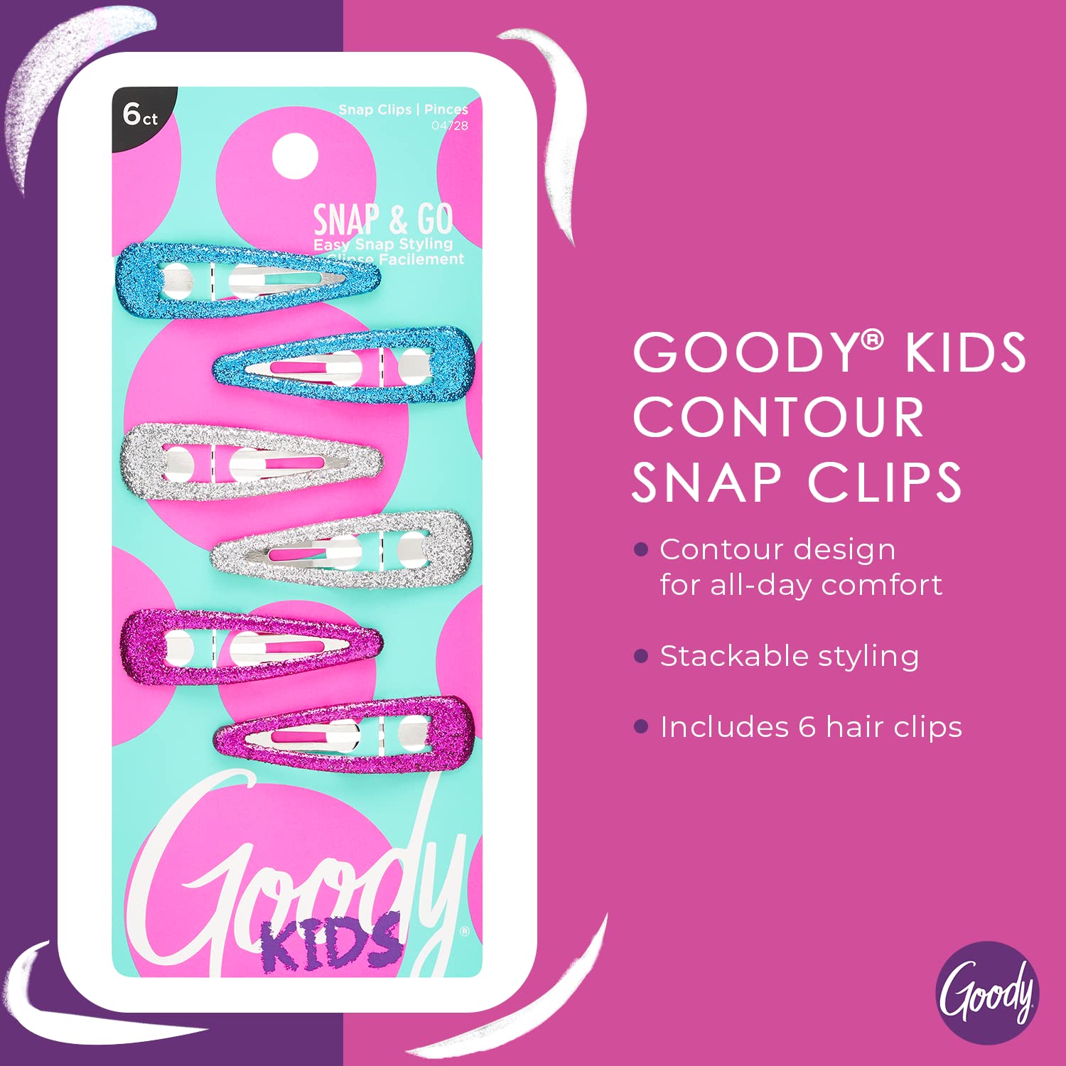 Goody Kids Snap & Go Contour Clips - 6 Count, Glitter - Snap Clips - Suitable for All Hair Types - Pain-Free Hair Accessories for Girls and Boys - All Day Comfort