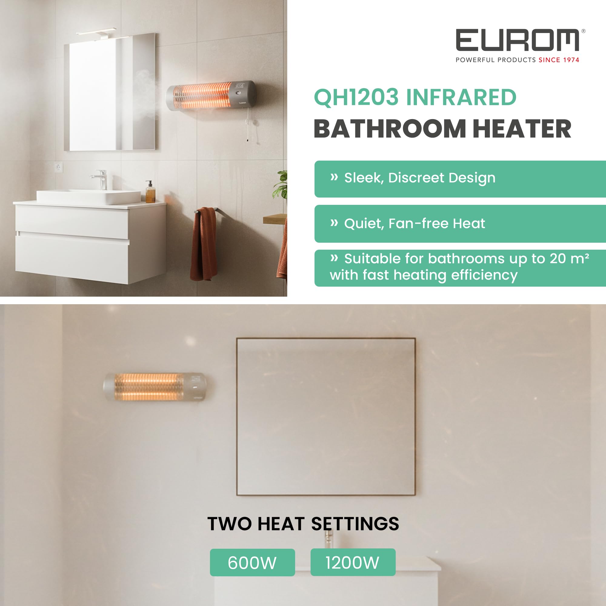 Eurom QH1203 Elektrische Badheizung, 1200W, 3 Leistungsstufen, Wandmontage (351224)