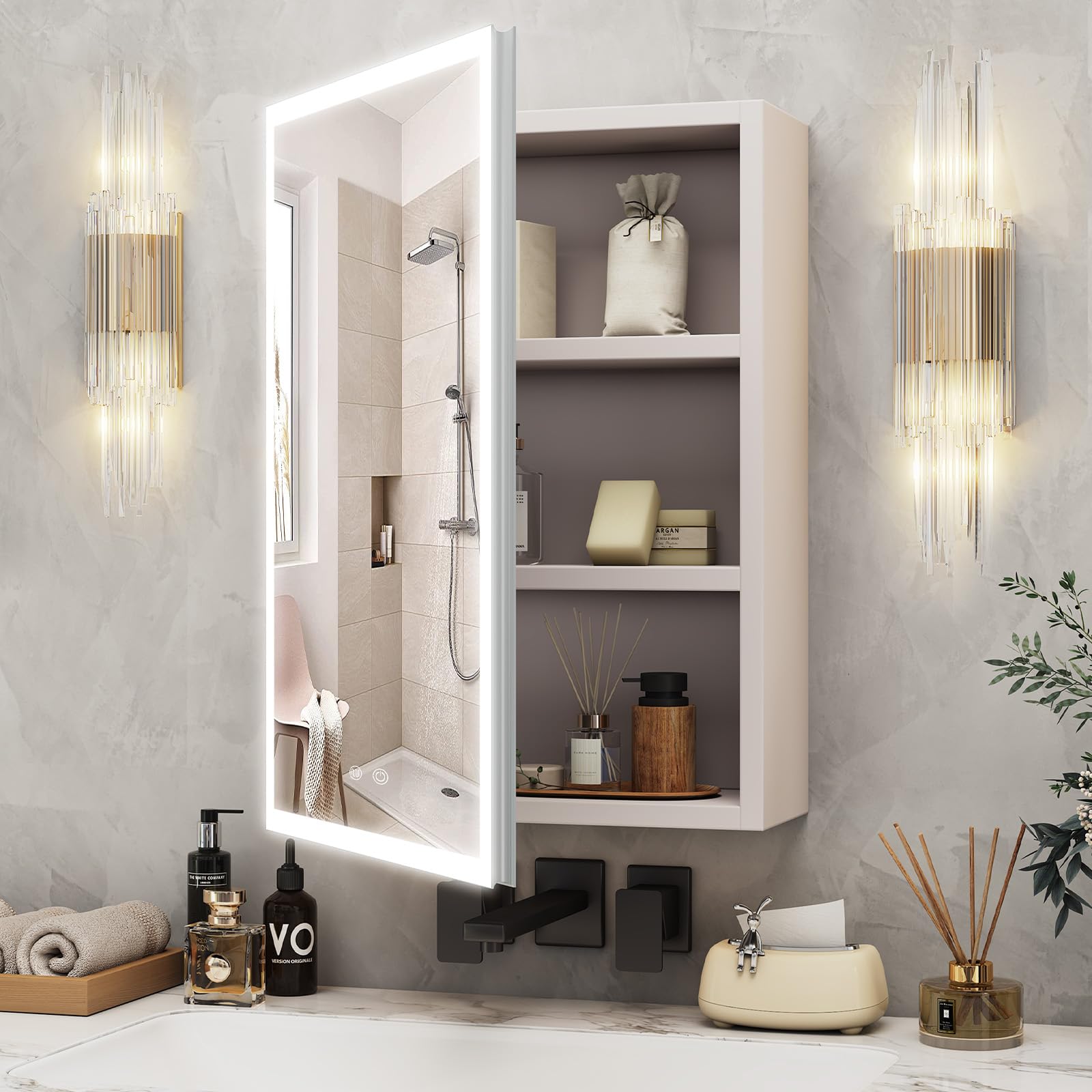 Armario con espejo con iluminación – 56 × 40 cm armario espejo baño con espacio de almacenamiento, armario con espejo de baño con luces LED regulables regulables con función demist, color