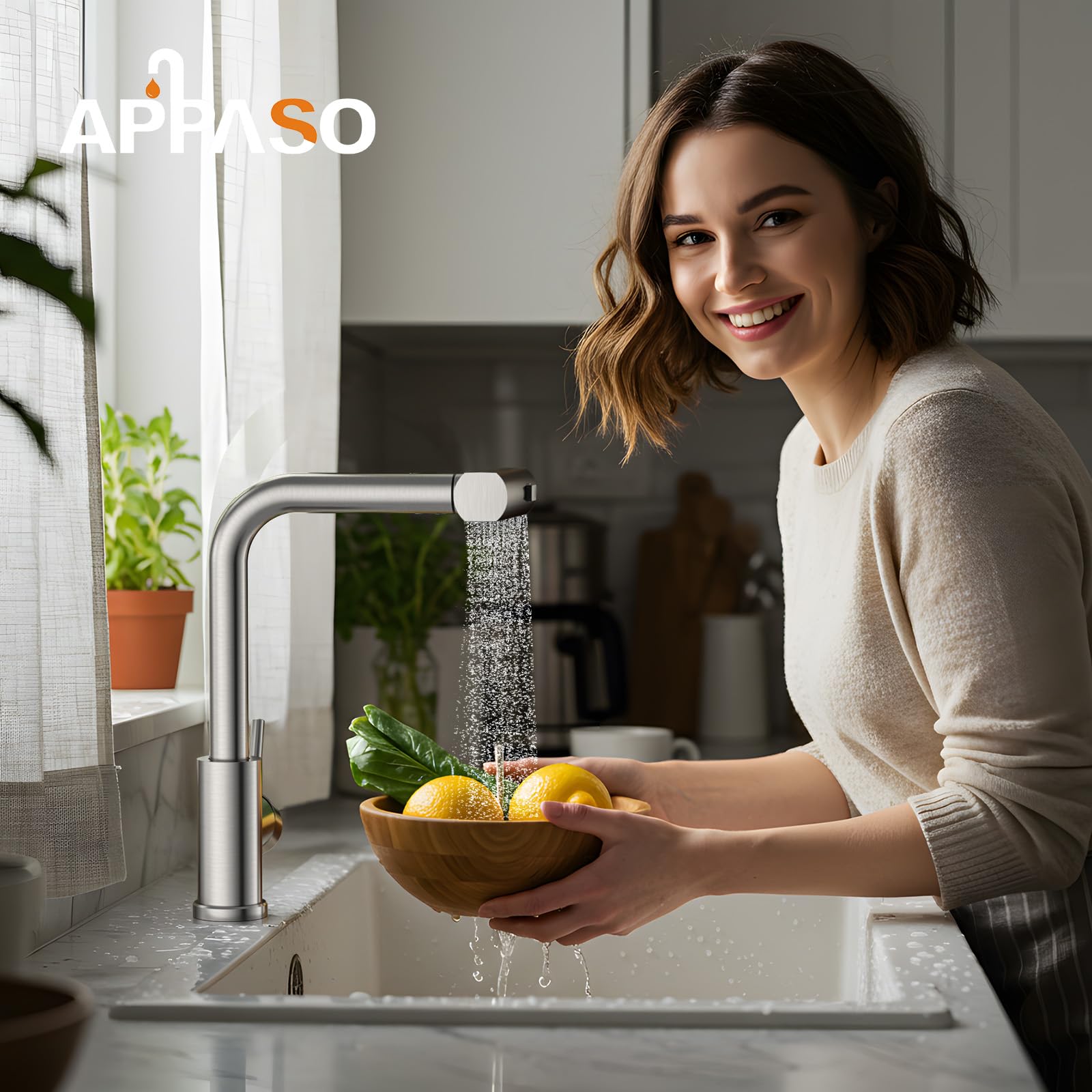 APPASO Grifo Cocina Waterfall, Grifo de cocina de alta presión, Grifo de cocina extraíble con 3 tipos de chorro giratorio 360°, Acero inoxidable Cepillado