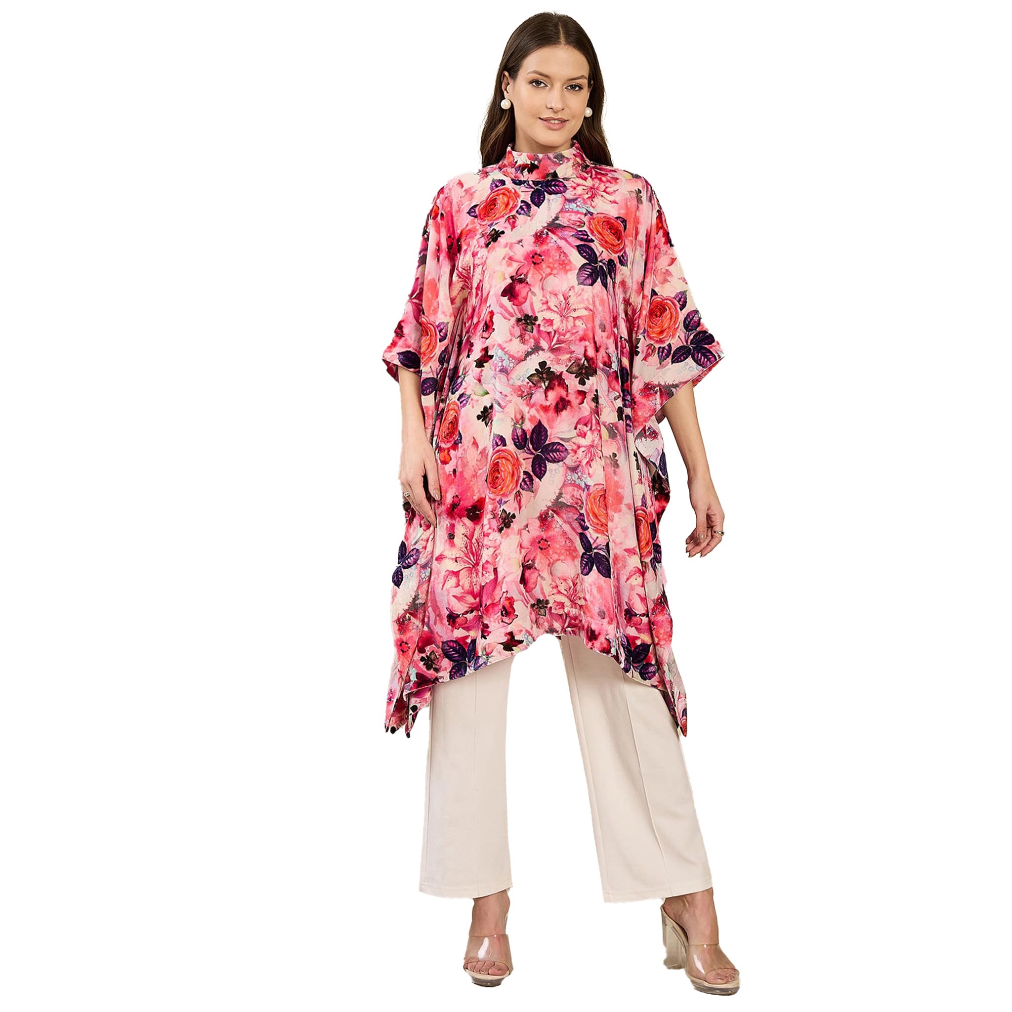first resort Pink and Red Floral Crystal Studded Silk Velvet Tunic-picture-41