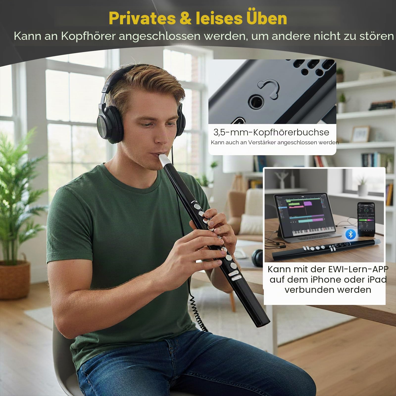 KOMFOTTEU Digitales Blasinstrument MIDI Bluetooth USB mit 13 Tönen, 2 Finger (Saxophon/Flute), tragbares Saxophon mit Tragetasche für Anfänger, Kinder und Erwachsene
