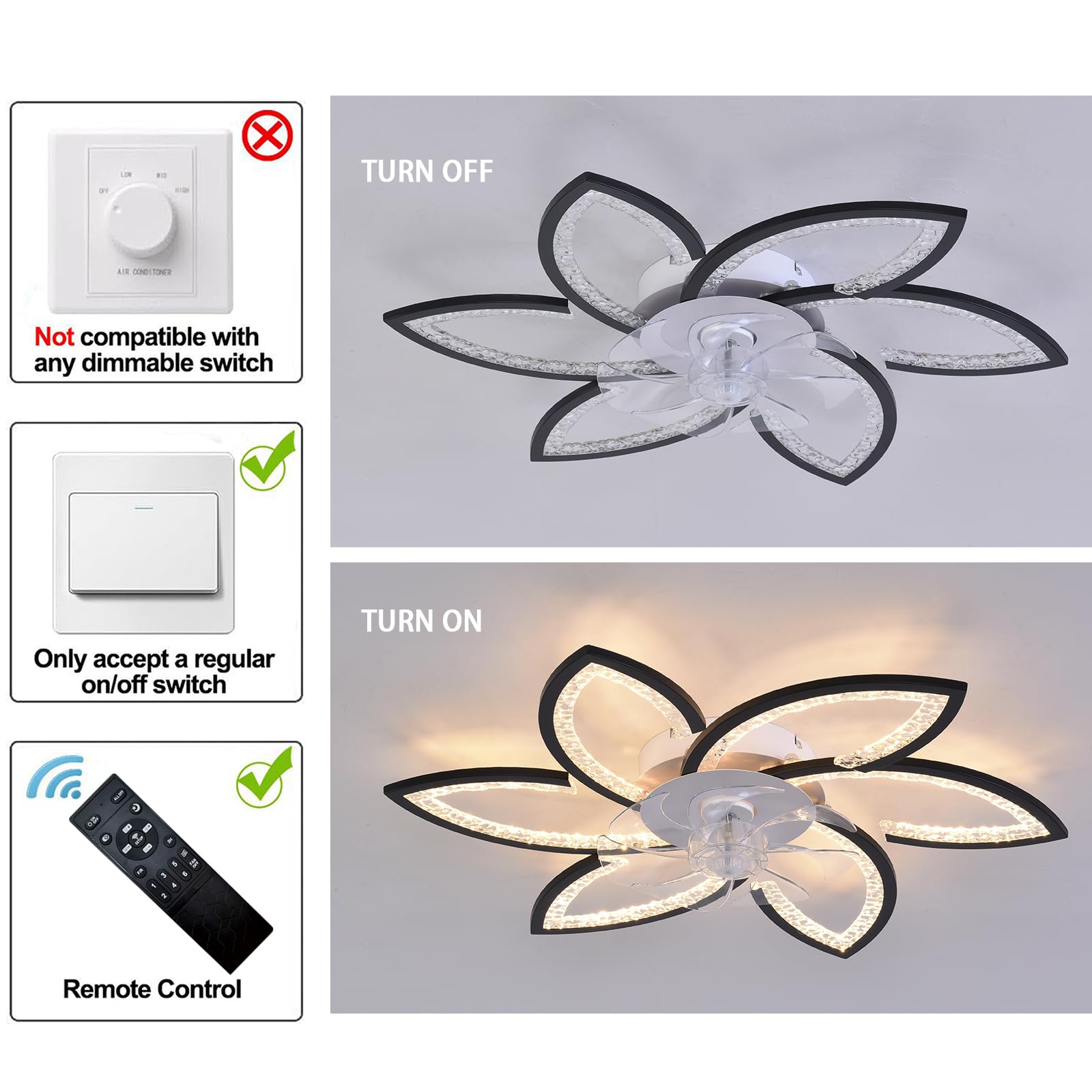 Deckenventilator mit Licht und Fernbedienung, Moderner Dimmbar LED Deckenventilator, Leiser Reversibler Motor mit Einstellbarer Windgeschwindigkeit für Wohnzimmer, Schlafzimmer, 78 cm Schwarz