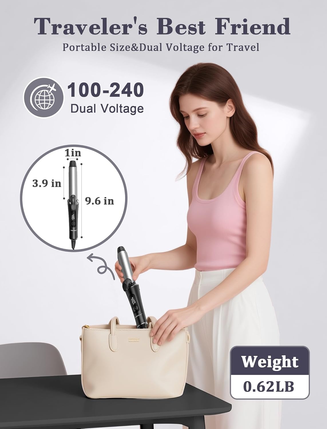 Travel Curling Iron 1 Inch,Dual Voltage Curling Iron 110-240V with European Plug,Small Curling Wand for Women & Short Hair, 5 Temp Digital Settings, Auto-Off, Anti-Scald Cover,Heat-Resistant pad(Grey)