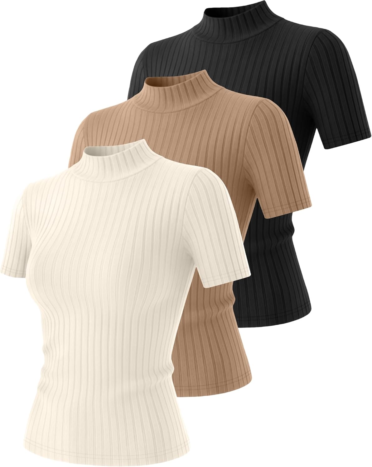 3 Pack Women Mock Turtleneck Shirts Short Sleeve Ribbed Lightweight Basic Layering Cotton Tops Slim Fit Tunic Tees - Image 3