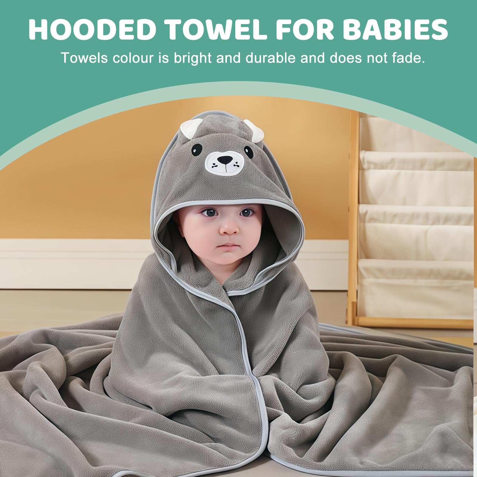 3 pièces serviettes à capuche pour bébés 80 x 80 cm, serviettes douces pour tout-petits et nouveau-nés, serviette de bain pour bébé en cyan, gris foncé et café.