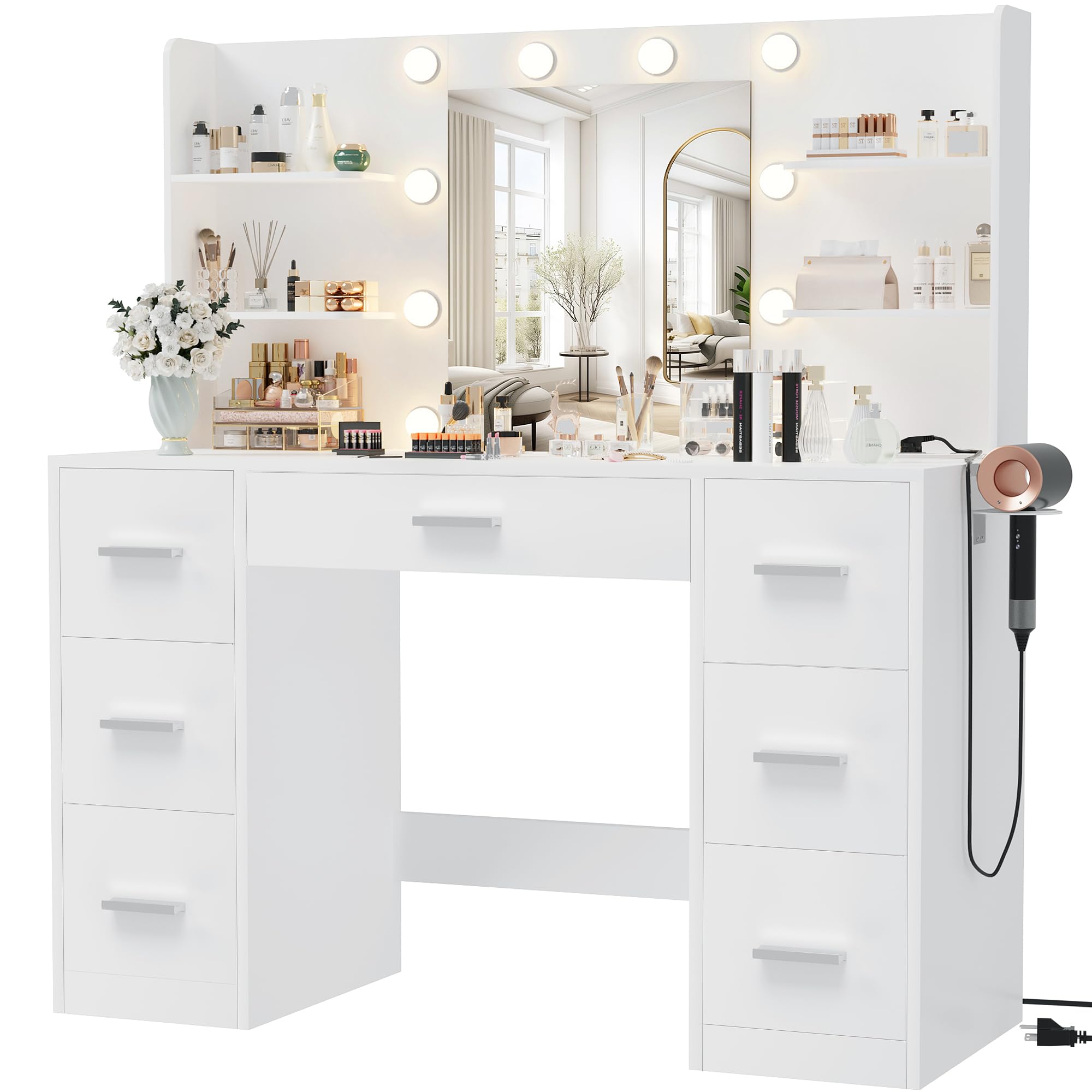 White Makeup Vanity with 7 Drawers and LED Mirror