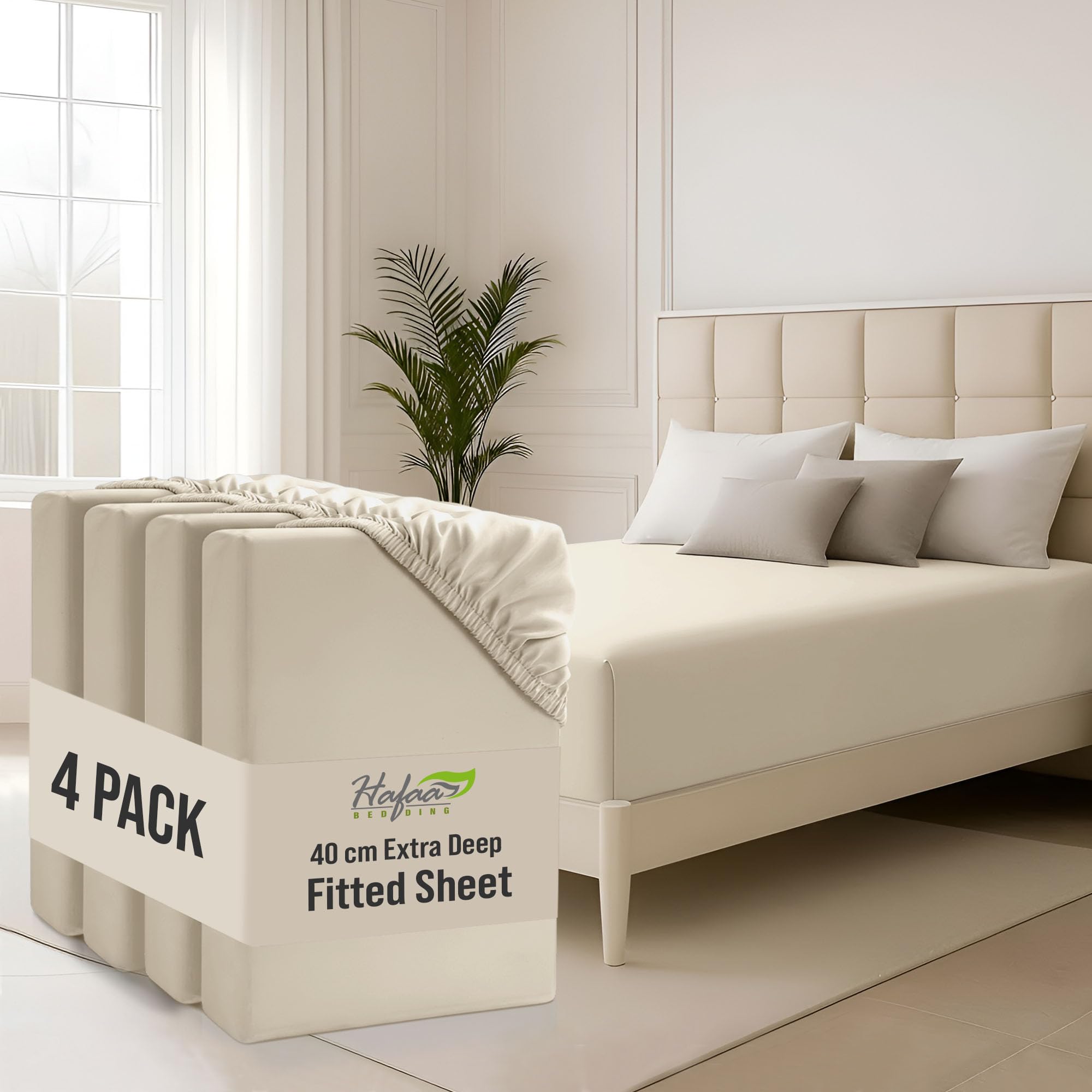 Hafaa Double Fitted Sheet 4 Pack 40Cm Deep Pocket 16 Inch Cream Bed Sheets Hotel Quality Soft Brushed Microfiber Fabric Breathable Shrinkage Fade Resistant Bedsheet