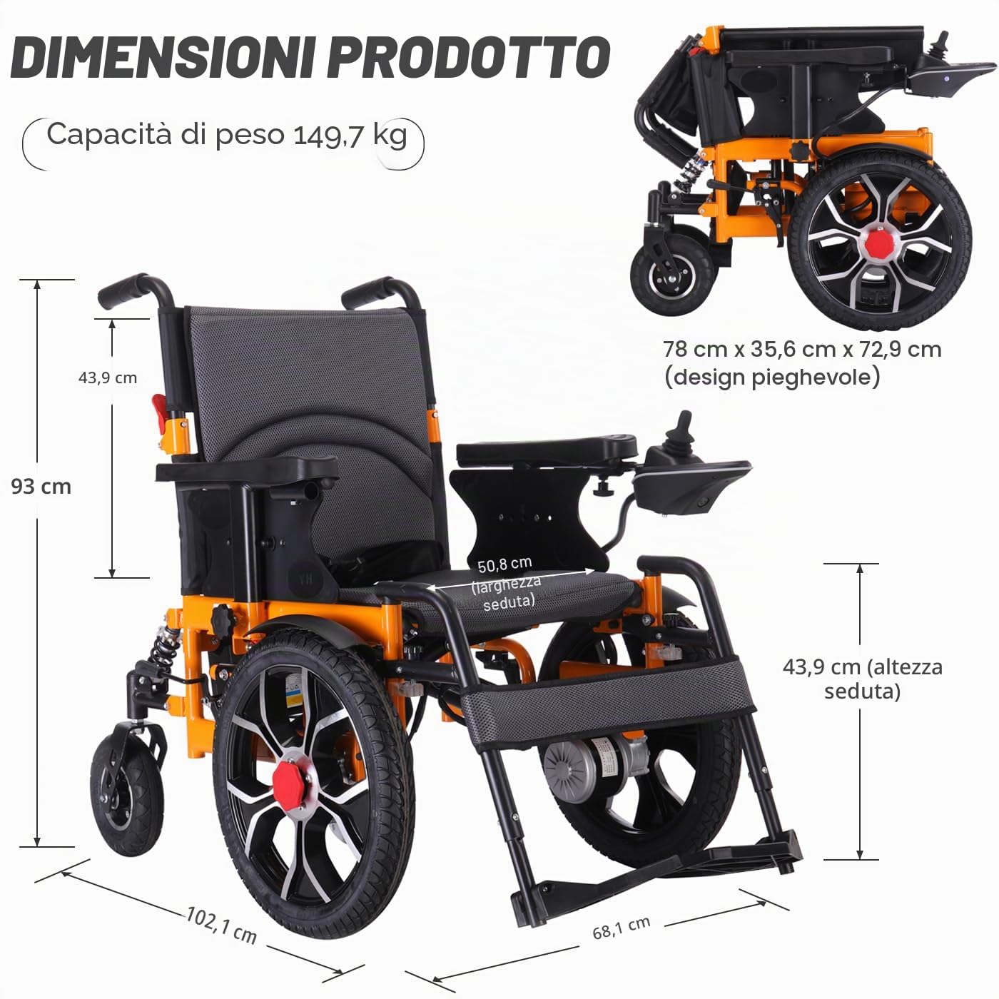 Sedia a rotelle elettrica pieghevole con luce a LED, portata fino a 150 kg, larghezza 50 cm, pieghevole, leggera, elettrica a rotelle