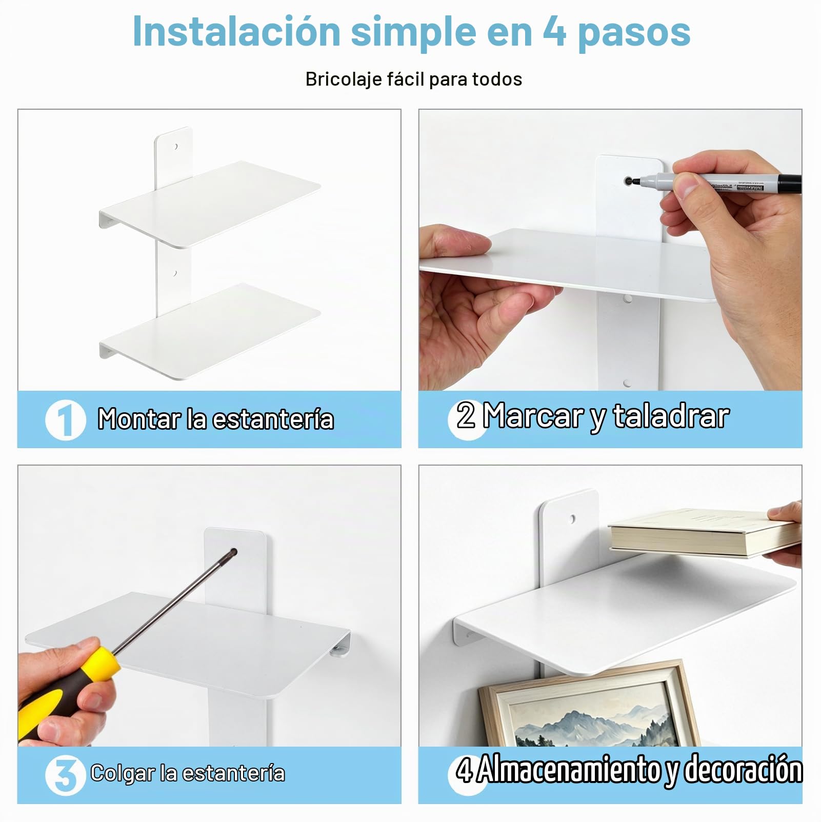 Estantería Flotante Invisible 4 Piezas para Libros y Decoración, 8 Pisos