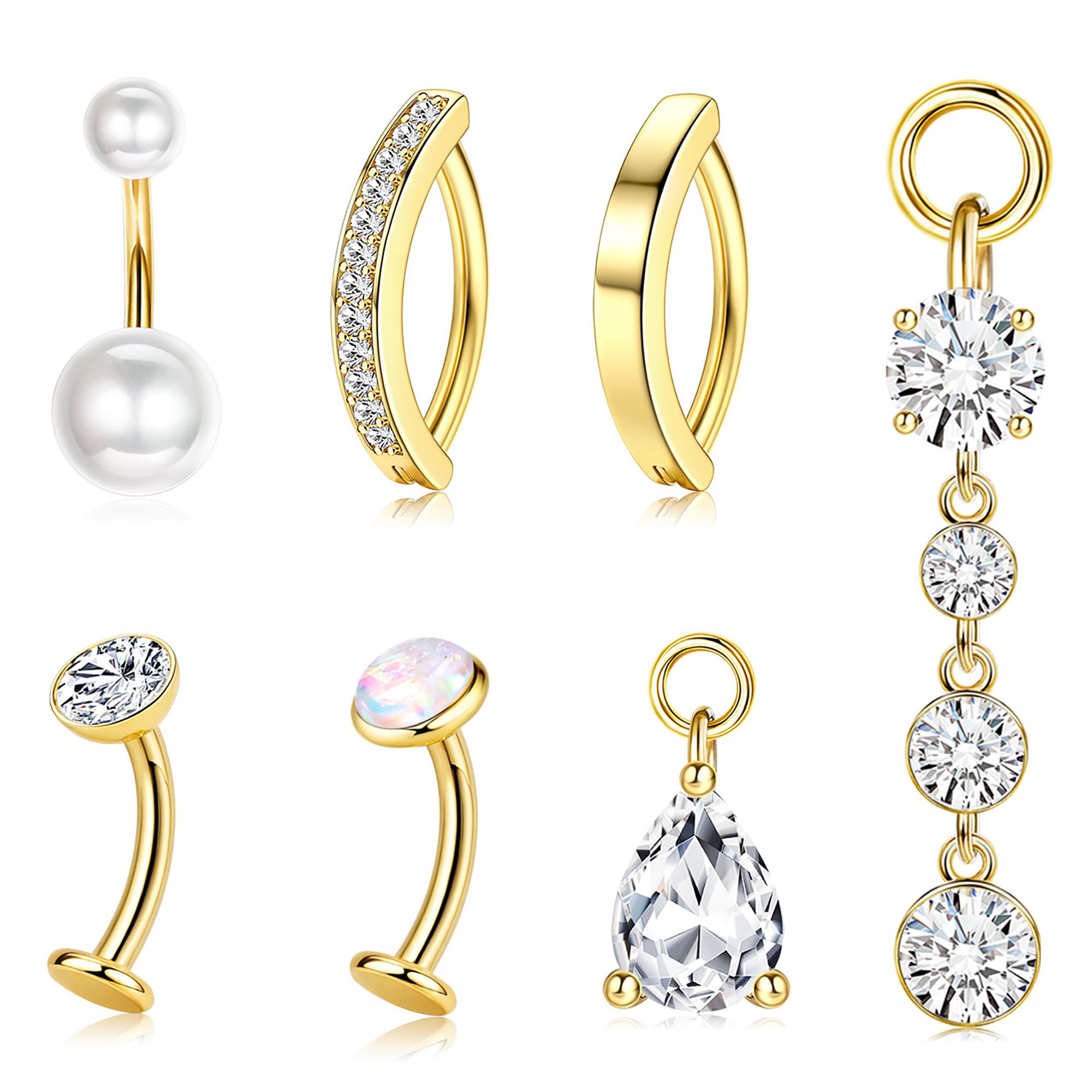 JeryWe Floating Belly Button Ring 𝐃𝐚𝐧𝐠𝐥𝐞 Hypoallergenic Surgical Stainless Steel belly rings for Women CZ Pearl Clicker Navel Piercing Jewelry