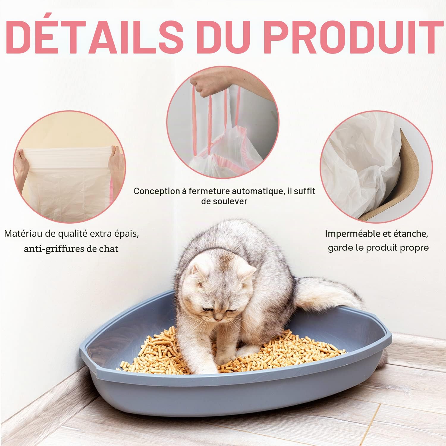 AIEX 60pcs Doublures Sac à Litière pour Chat, Grandes Doublures de Litière Jetables pour Chat avec Cordon de Serrage pour Fournitures de Déchets pour Chat (91 x 45 cm)
