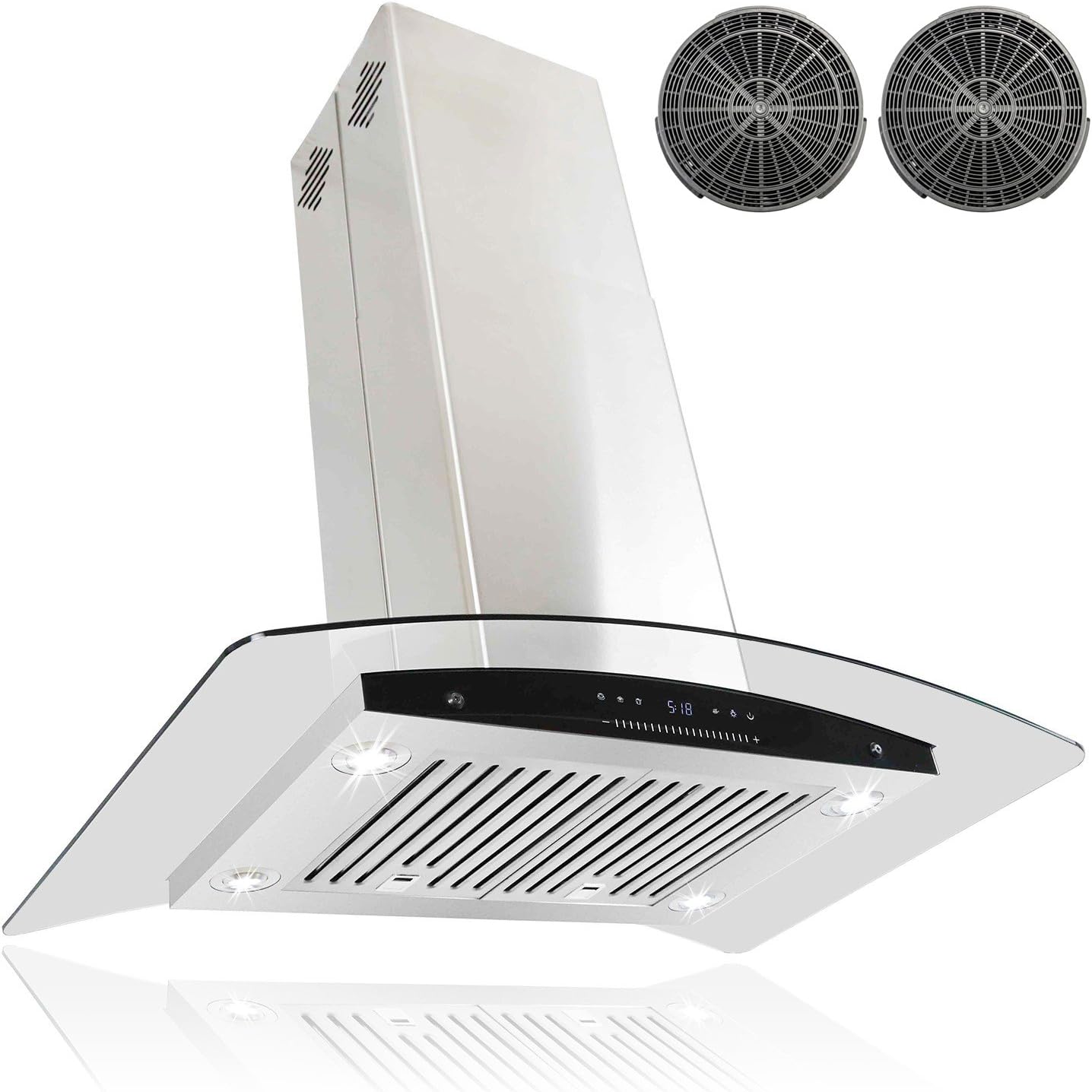 AKDY AIR61C36 36" Island Mount Range Hood with 870 CFM 55 dB Innovative Touch 4 Fan Speed Delayed Auto Shut Off Stainless Steel Baffle Filter and Ductless: Stainless