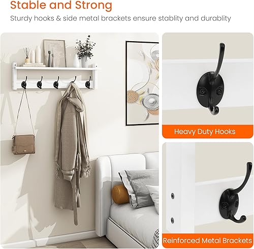 Miniatura 4 de Homode Perchero con estante de montaje en pared estante de pared de 24 pulgadas de largo con ganchos debajo colgador de madera con estante para
