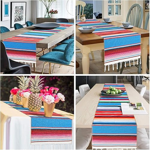 Miniatura 7 de Camino de mesa mexicano de algodón tejido a mano para fiestas, bodas y decoración del hogar, 14 x 84 pulgadas (1, 14 x 84 azul)