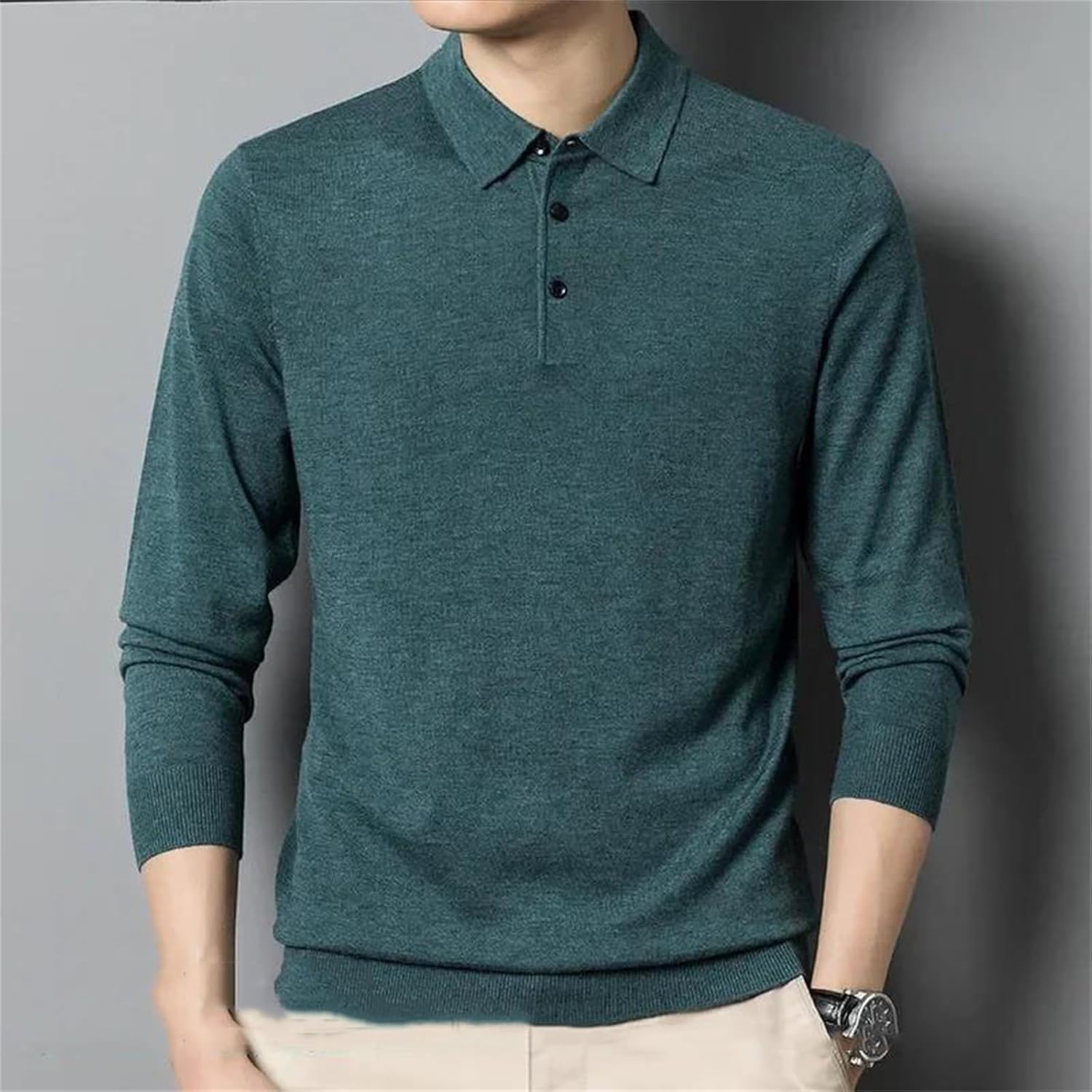 Men's Long Sleeve Pullover Polo Sweaters Turndown Collar Solid Color Casual Bottoming Knit Jumper for Men