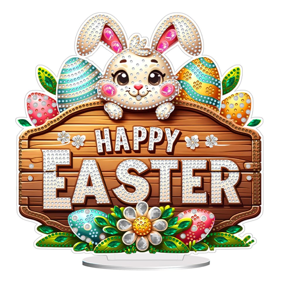 SPEPROECO DIY Easter Tabletop Decor Diamond Art Painting Kit Hello Easter Bunny Stand Up Ornament Rhinestone Desk Placement Ornament Gem Painting Craft Kit for Kids Easter Party Favor