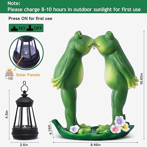 Miniatura 5 de Vereemy Estatua de ranas de beso para decoración de jardín, farol solar LED para decoración de exteriores, figuras para porche, patio, césped,