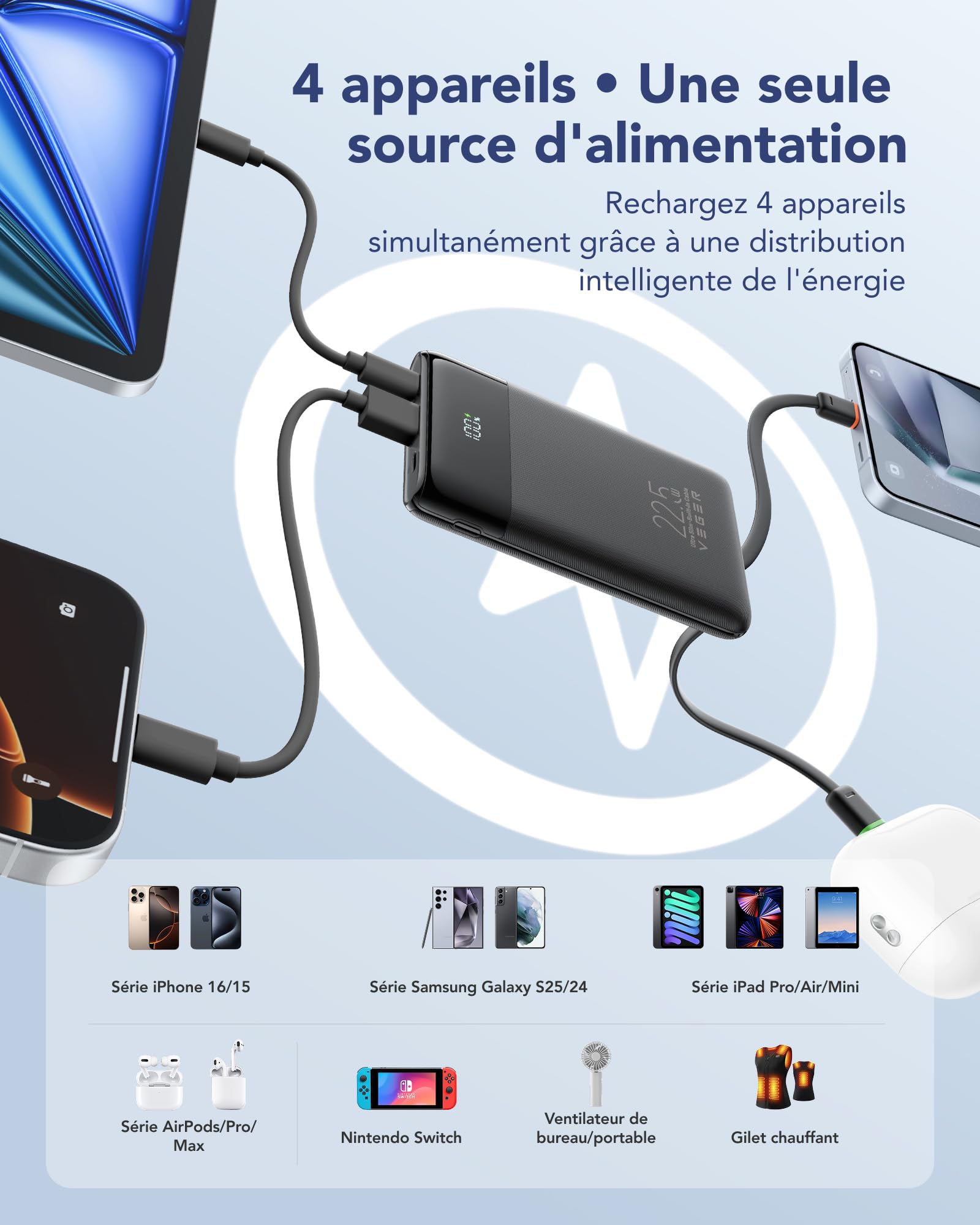 VEGER Batterie Externe 10000mah avec Câble Intégré, Power Bank 22.5W Charge Rapide Portable, Fin Compact Chargeur USB C avec écran LED, 4 Sorties et 3 Entrées, Compatible avec iPhone Huawei Xiaomi