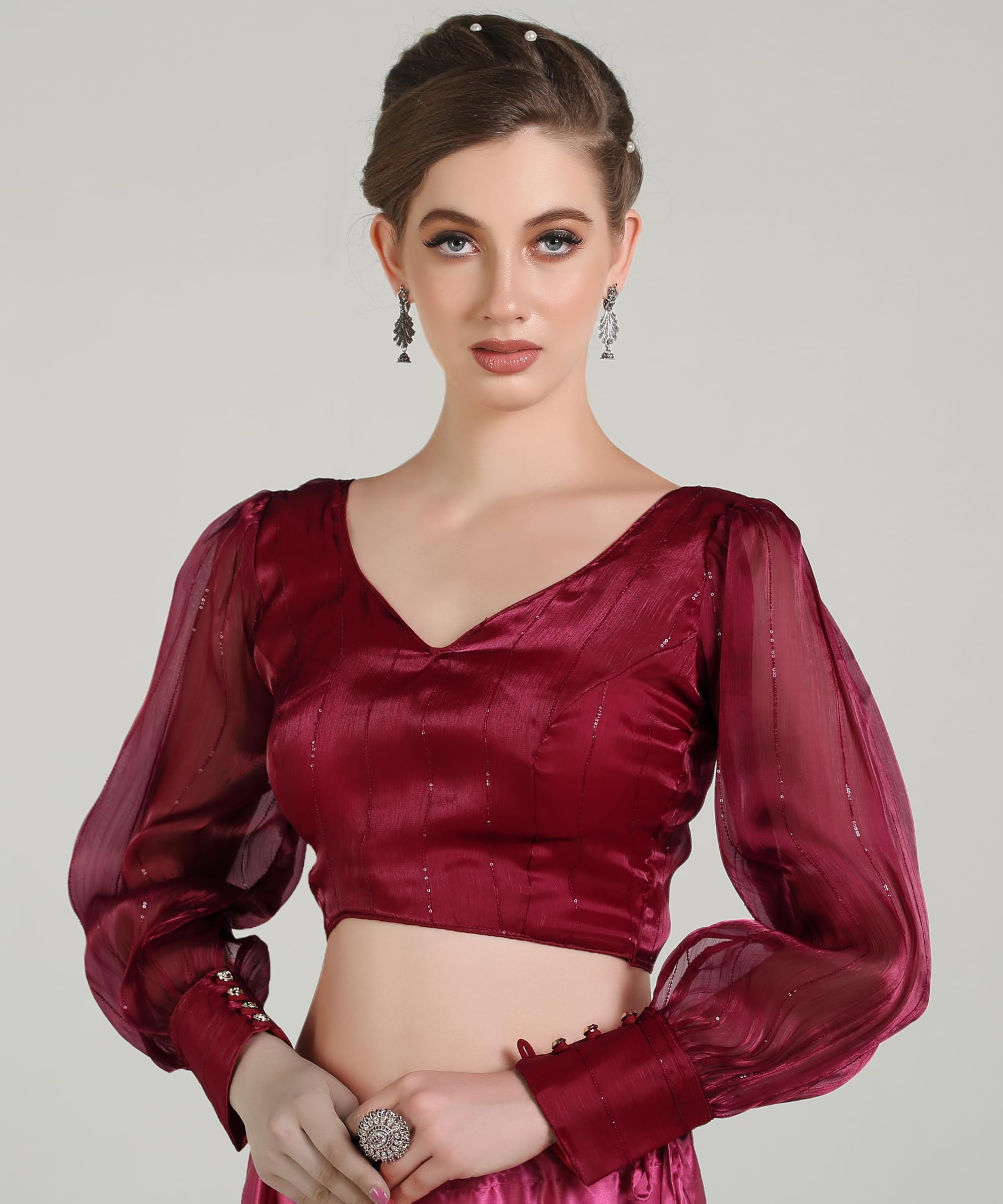 Pujia Mills Woman Wine Designer Zimi Chu Slub Shining Material With Sequnace Work Blouse