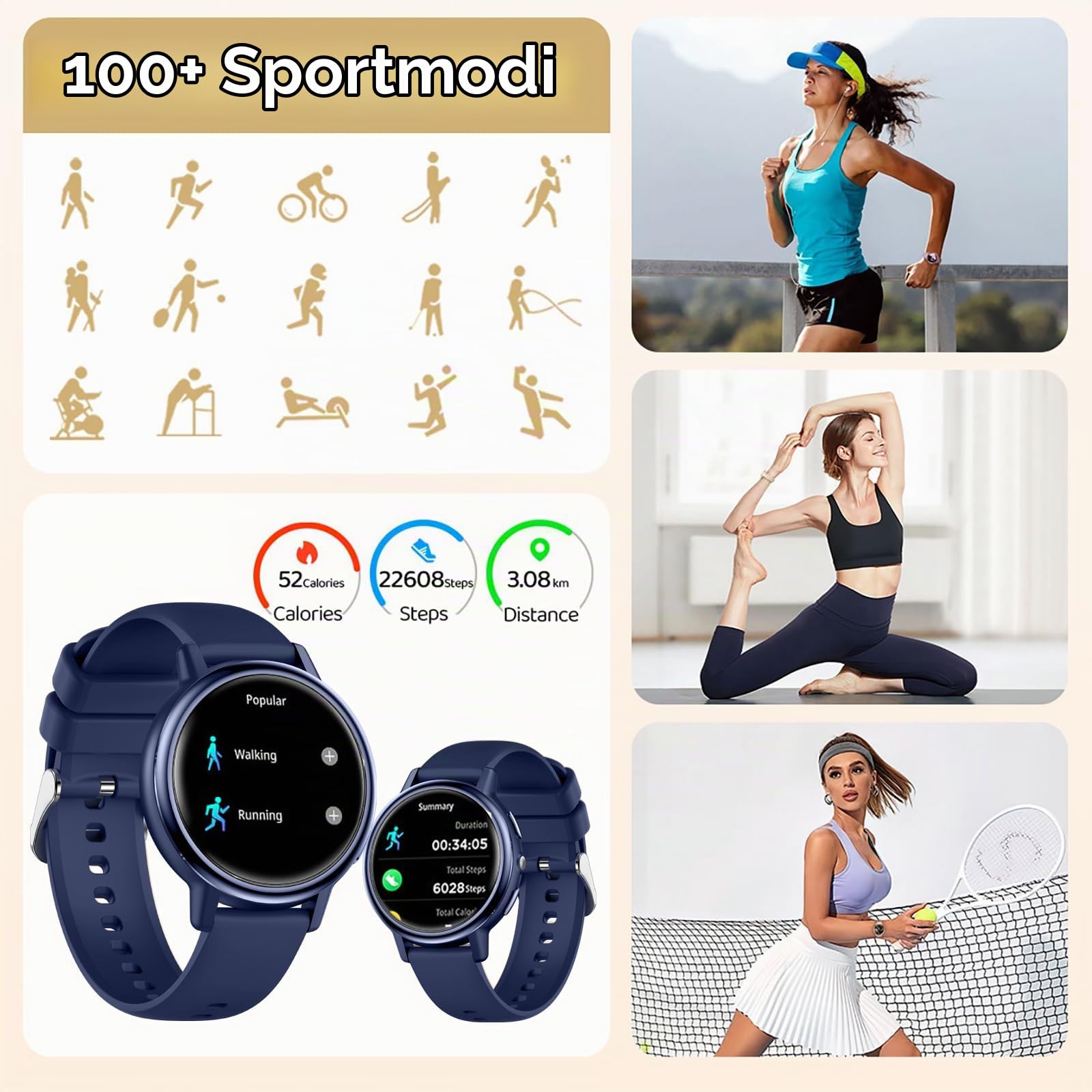 findtime Damen Smartwatch mit Telefonfunktion, 1.26" IPS Rund Touchscreen Elegante Rosa Armbanduhr mit Menstruationszyklus Schlafmonitor Schrittzähler Taschenlampe